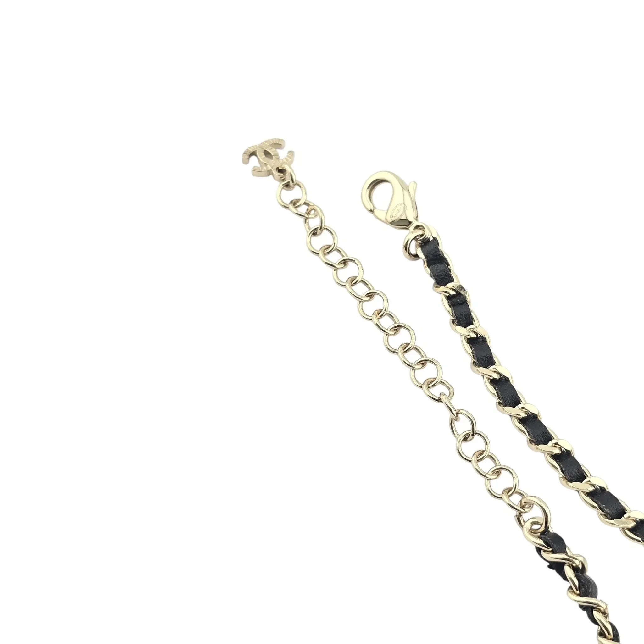 Chanel CC Gold Black Leather Long Necklace A23 CHANEL