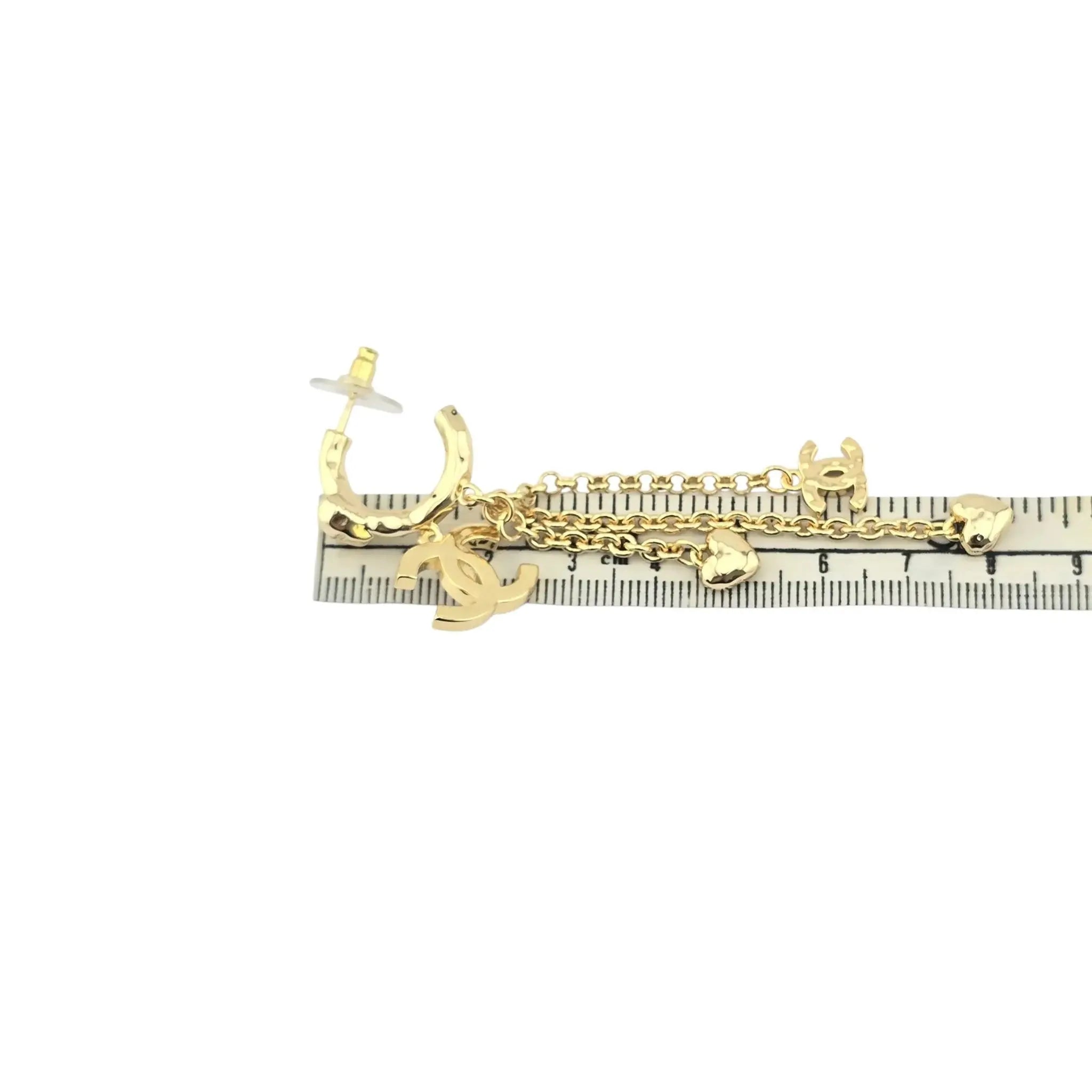 Chanel CC Chain Drop Gold Heart Hoop Earrings B23 CHANEL