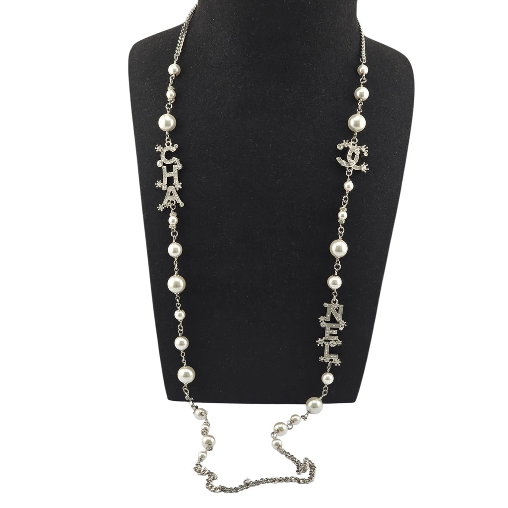 Chanel CC Silver Faux Pearl Logo Long Necklace 2023 CHANEL