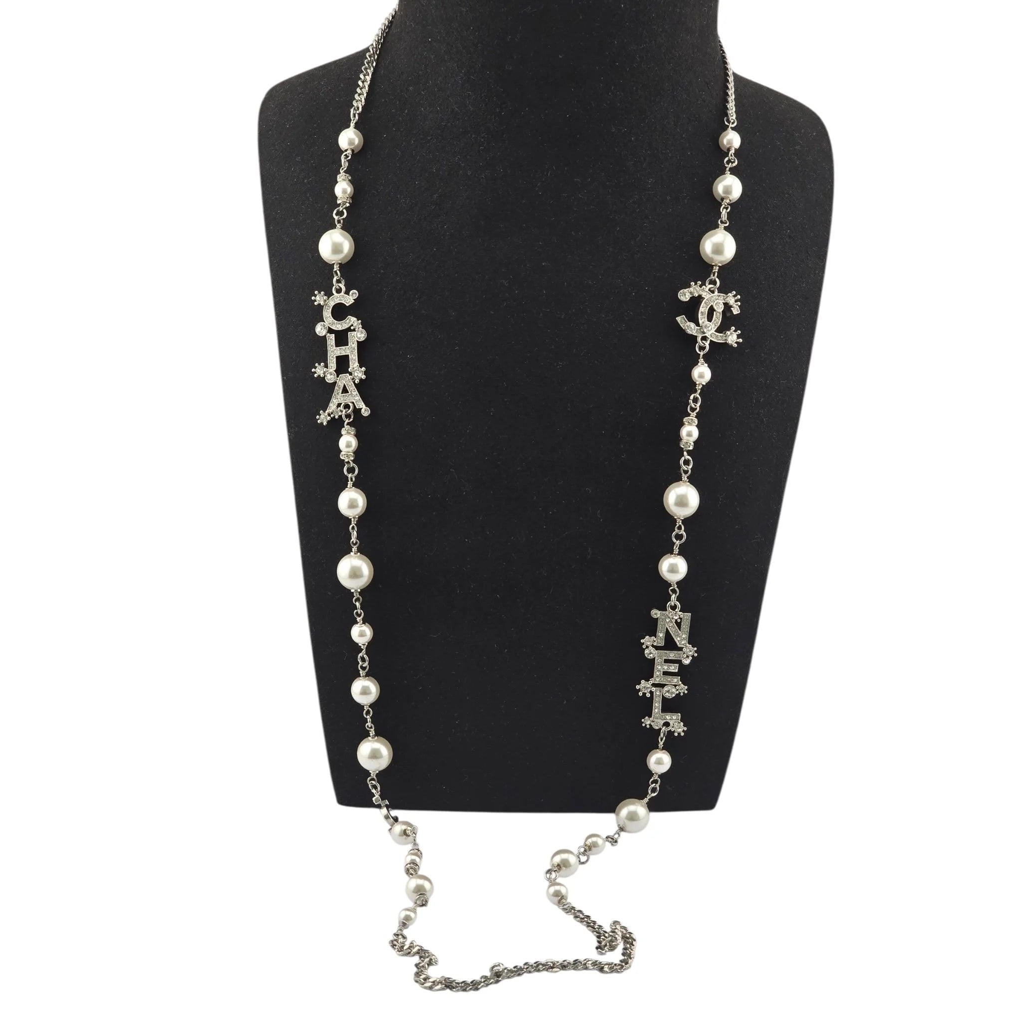 Chanel CC Silver Faux Pearl Logo Long Necklace 2023 CHANEL