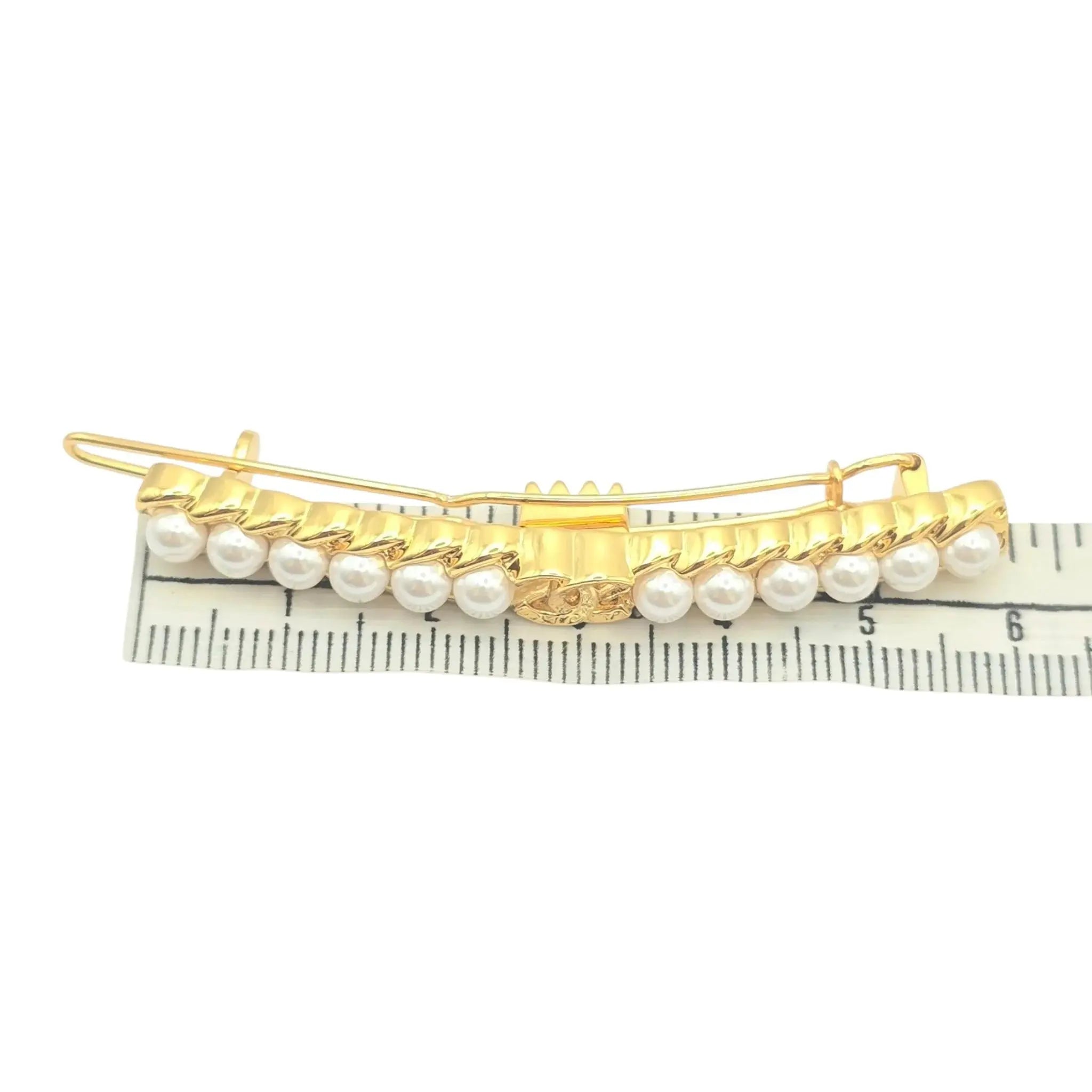 Chanel CC Faux Pearl Gold Hair Barrette Clip B23 CHANEL