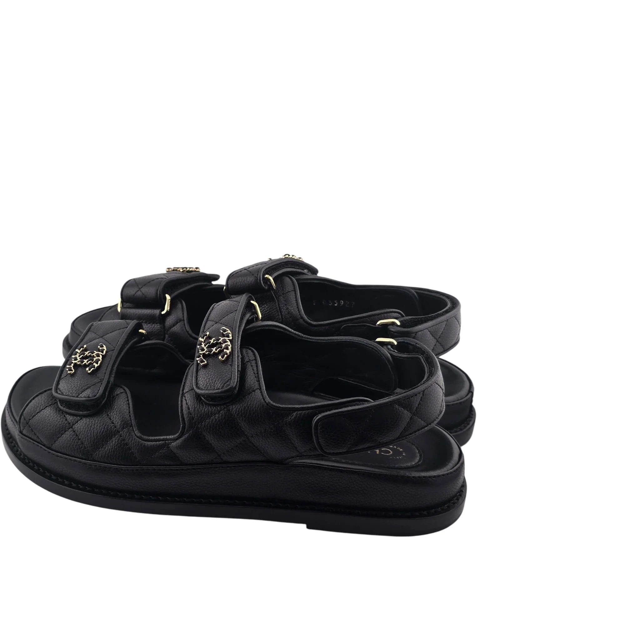 Chanel CC Quilted Caviar Leather Black Dad Sandals CHANEL
