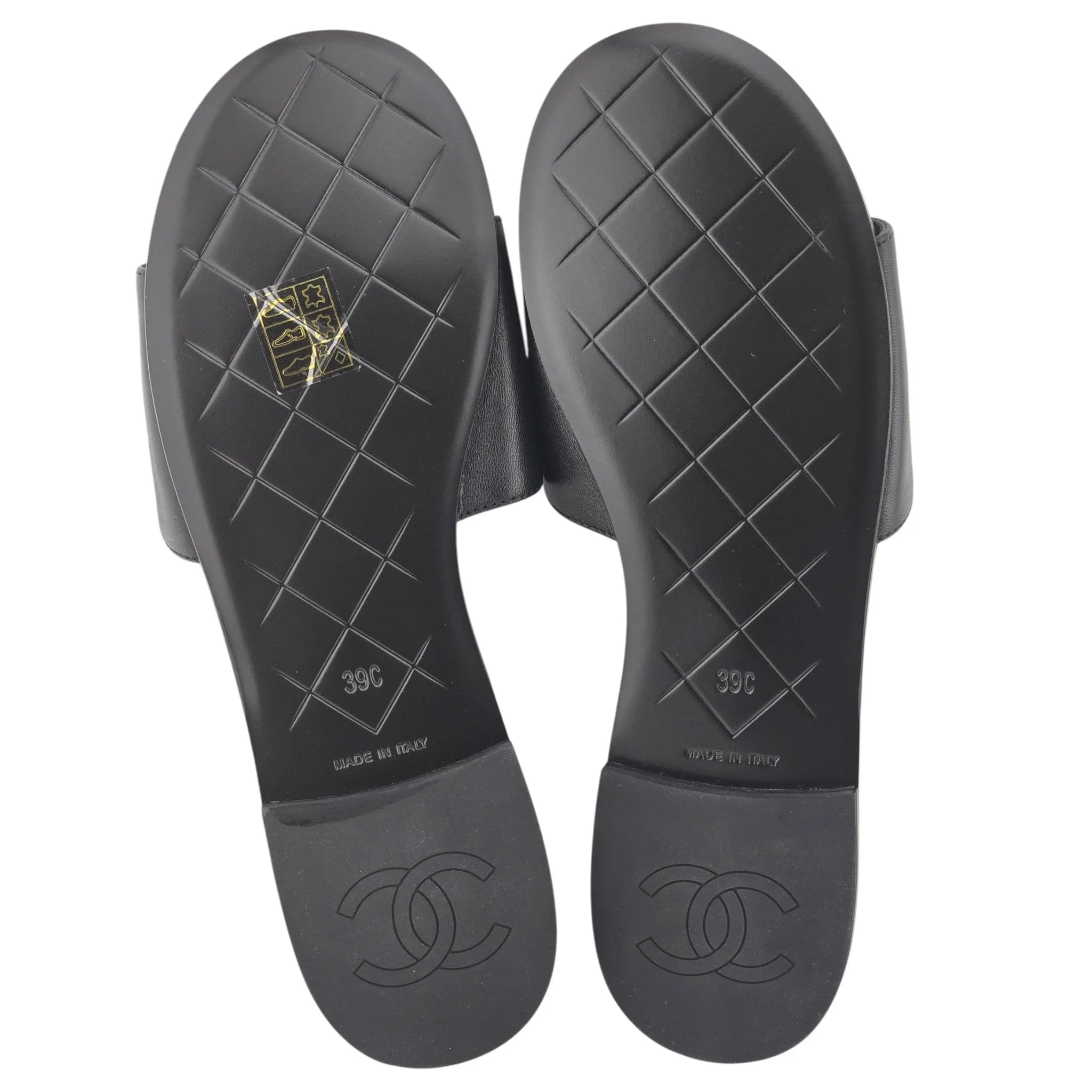 Chanel CC  Lambskin Quilted Turnlock Black Gold Sandals 39 CHANEL