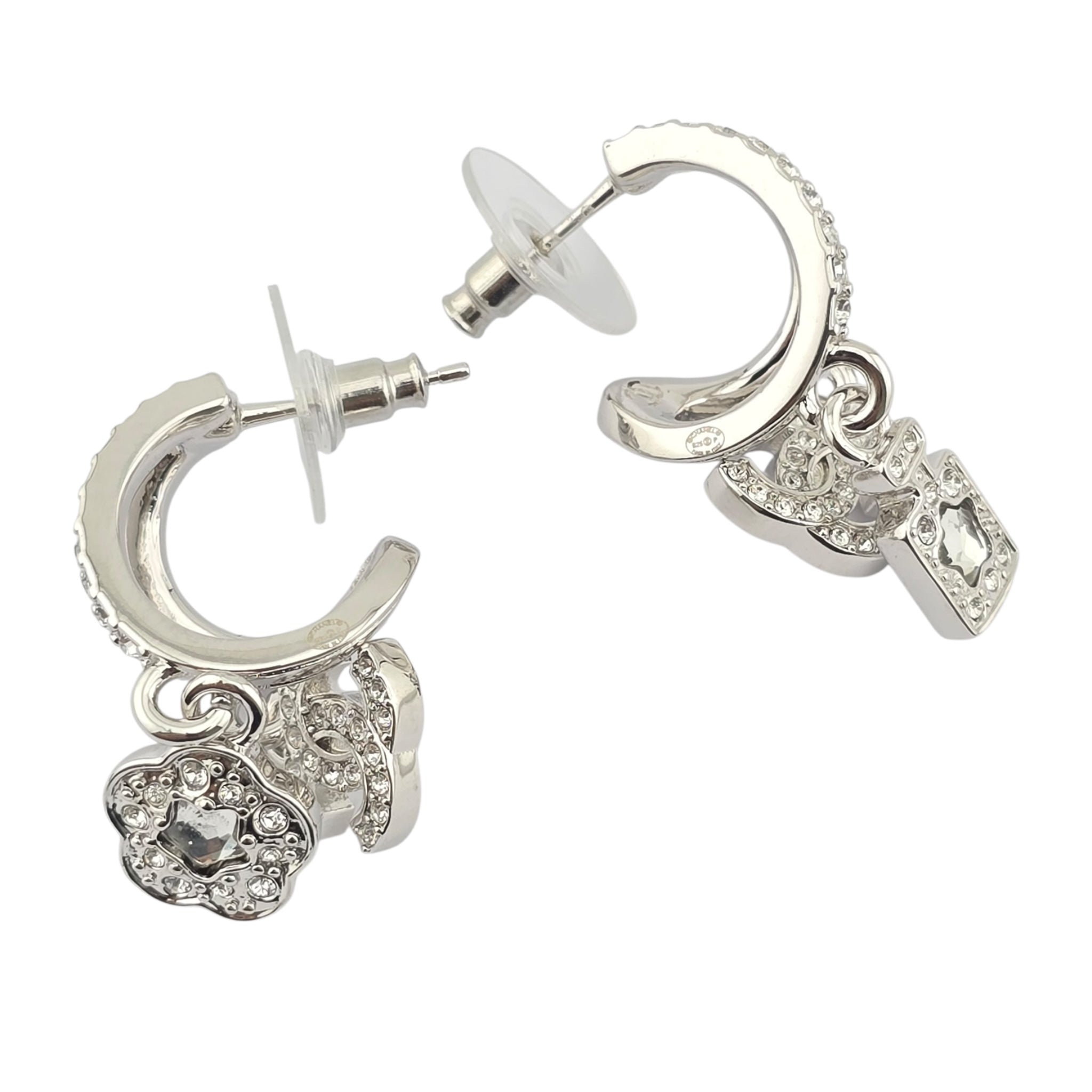 Chanel CC Silver Crystal Hoop Pendant Earrings 2025 CHANEL