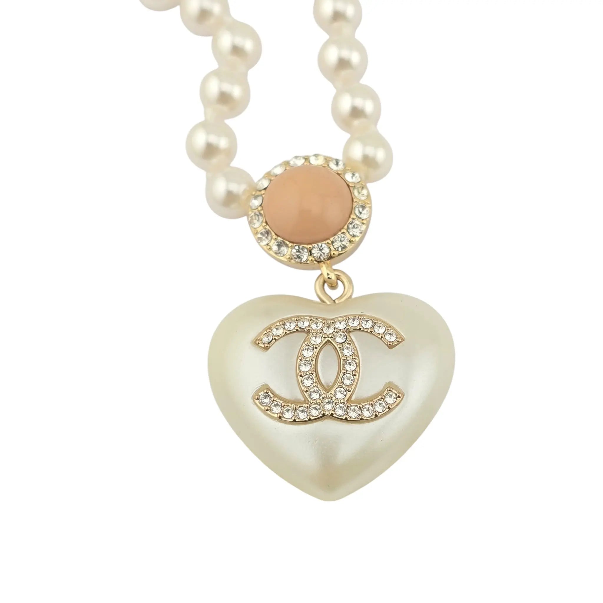 Chanel CC Pearl Crystal Heart Gold Short Necklace 2021 CHANEL