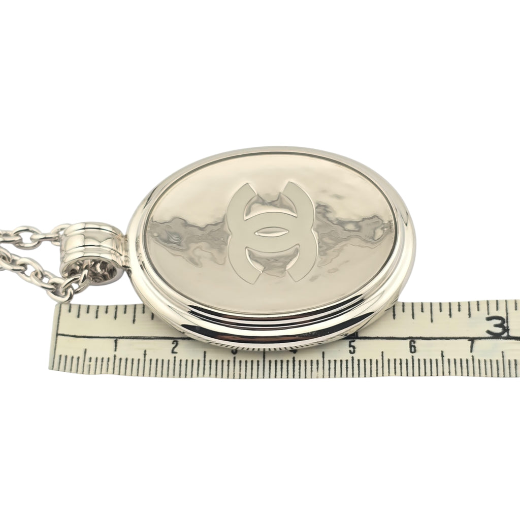 Chanel CC Silver Oval Pendant Necklace 2025