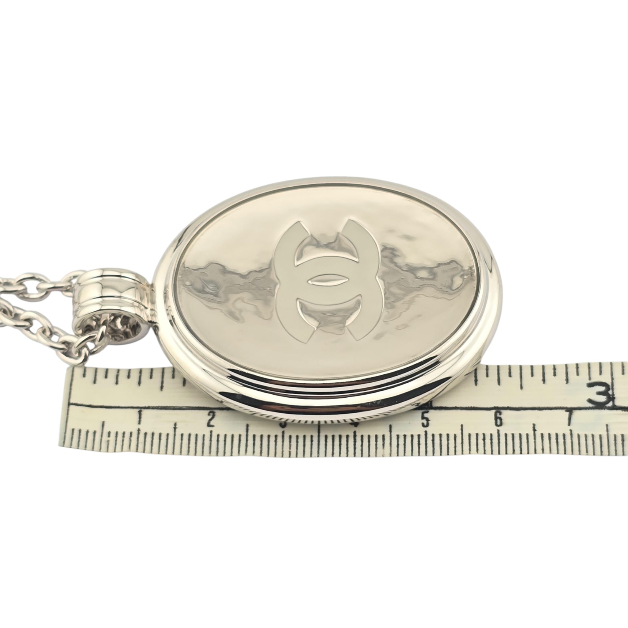 Chanel CC Silver Oval Pendant Necklace 2025