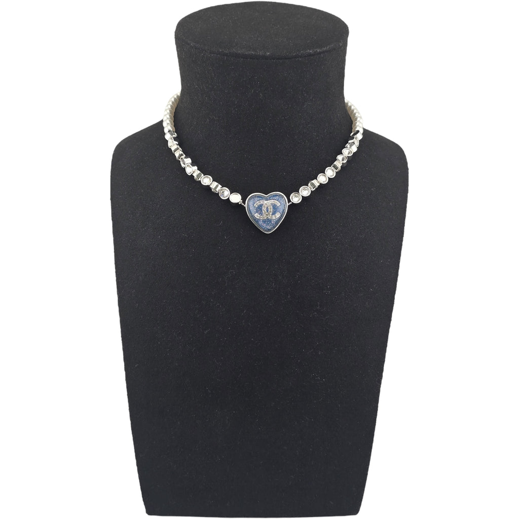 Chanel CC Faux Pearl Crystal Blue Heart Necklace 2025