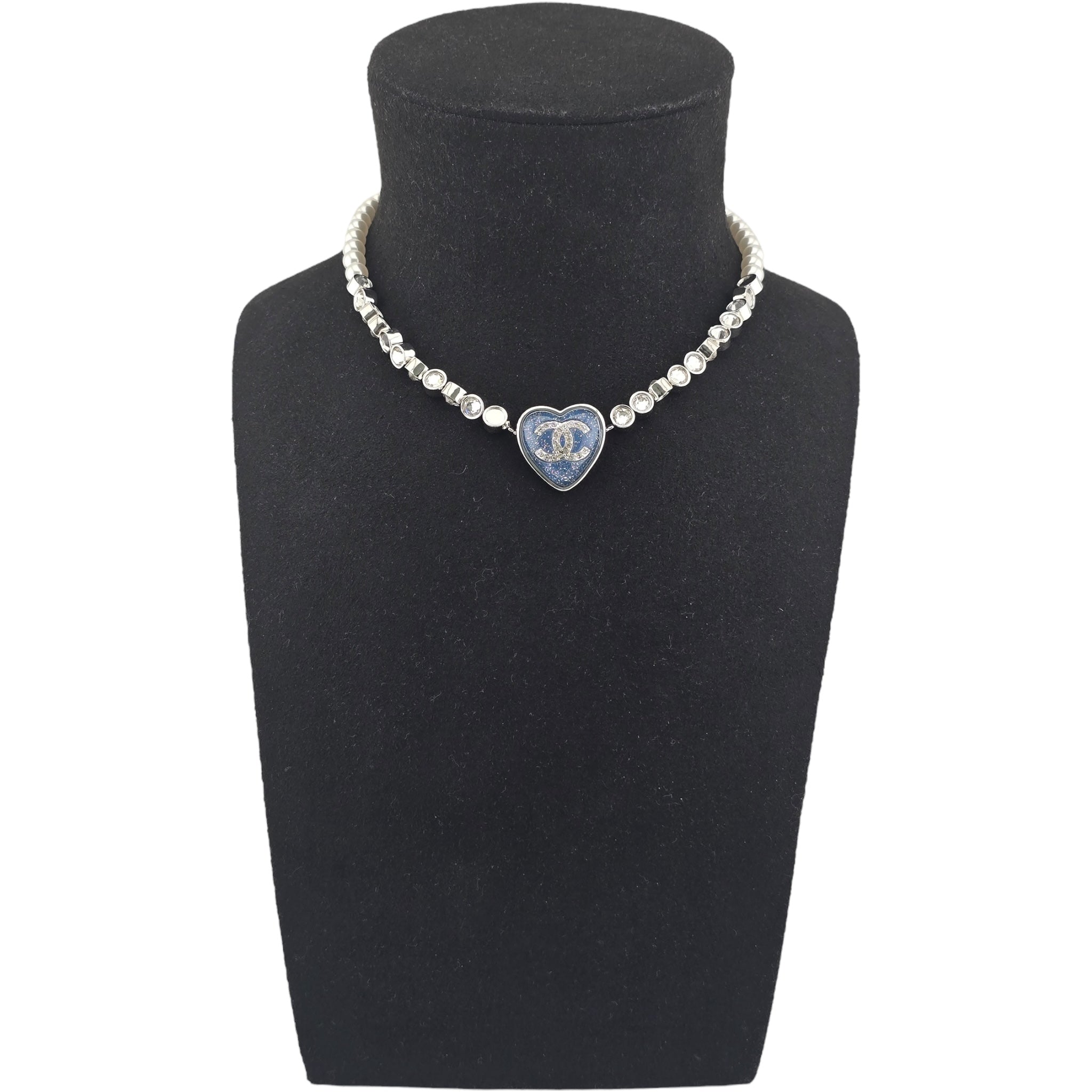 Chanel CC Faux Pearl Crystal Blue Heart Necklace 2025