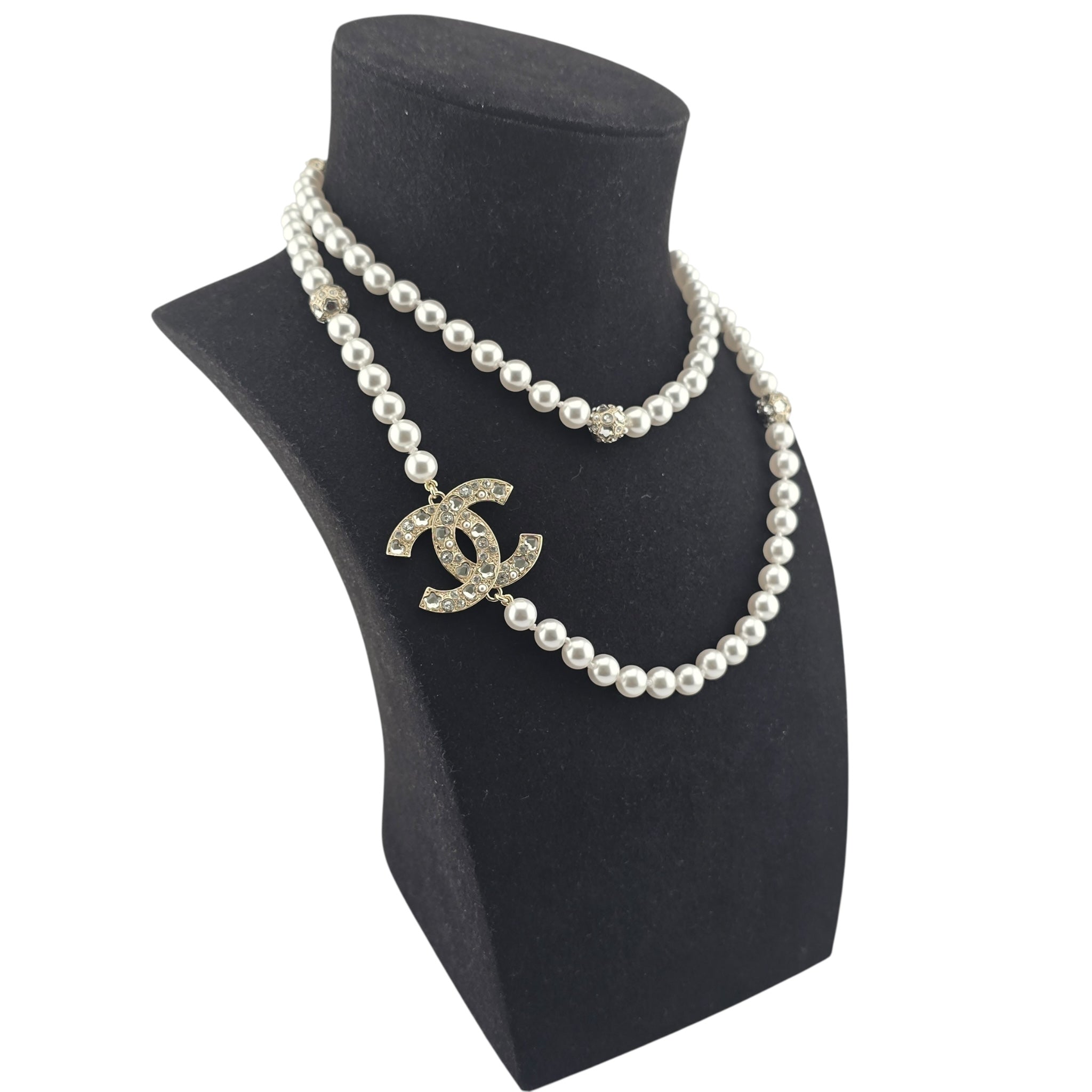 Chanel CC Faux Pearl Crystal Long Necklace 2025