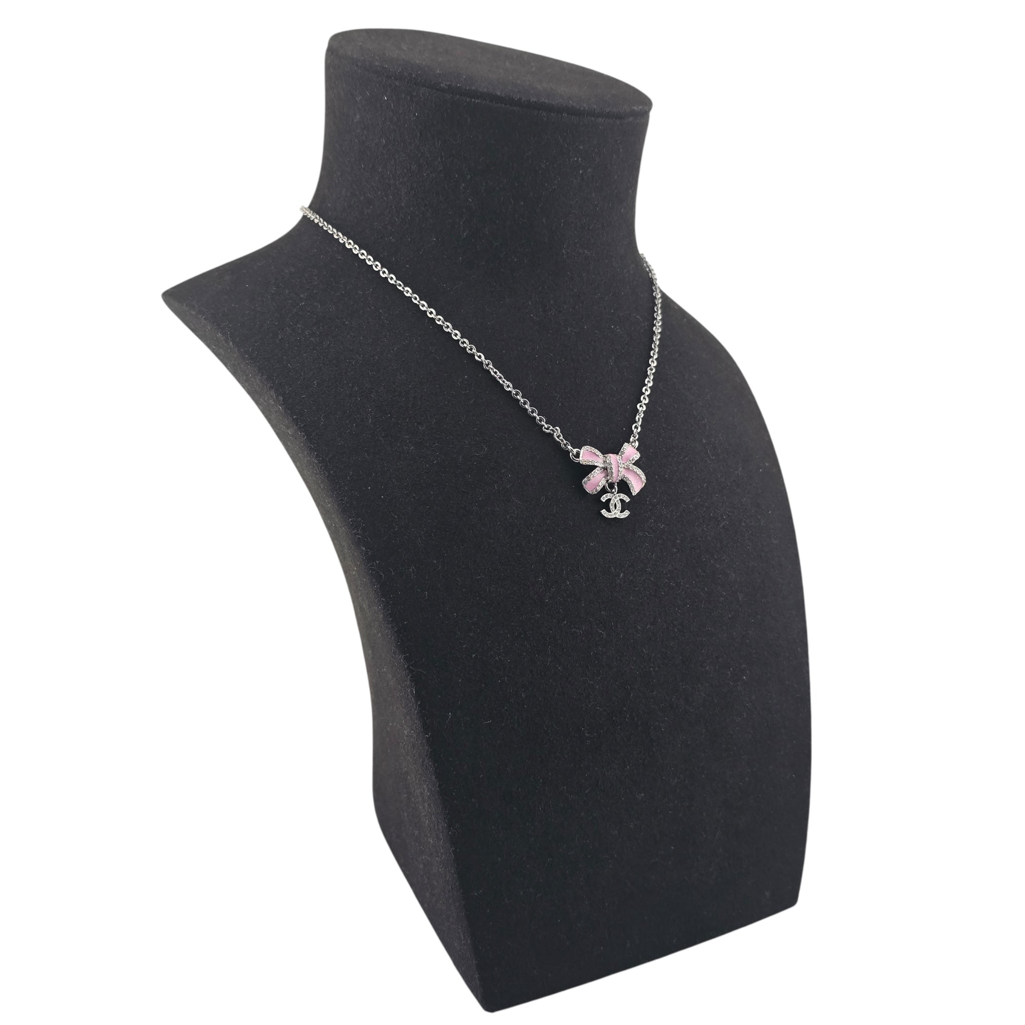 Chanel CC Silver Crystal Enamel Bow Necklace 2025
