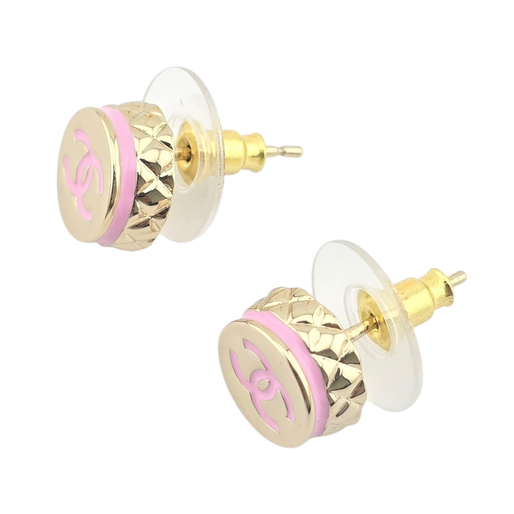 Chanel CC Stud Gold Pink Round Earrings B25 CHANEL