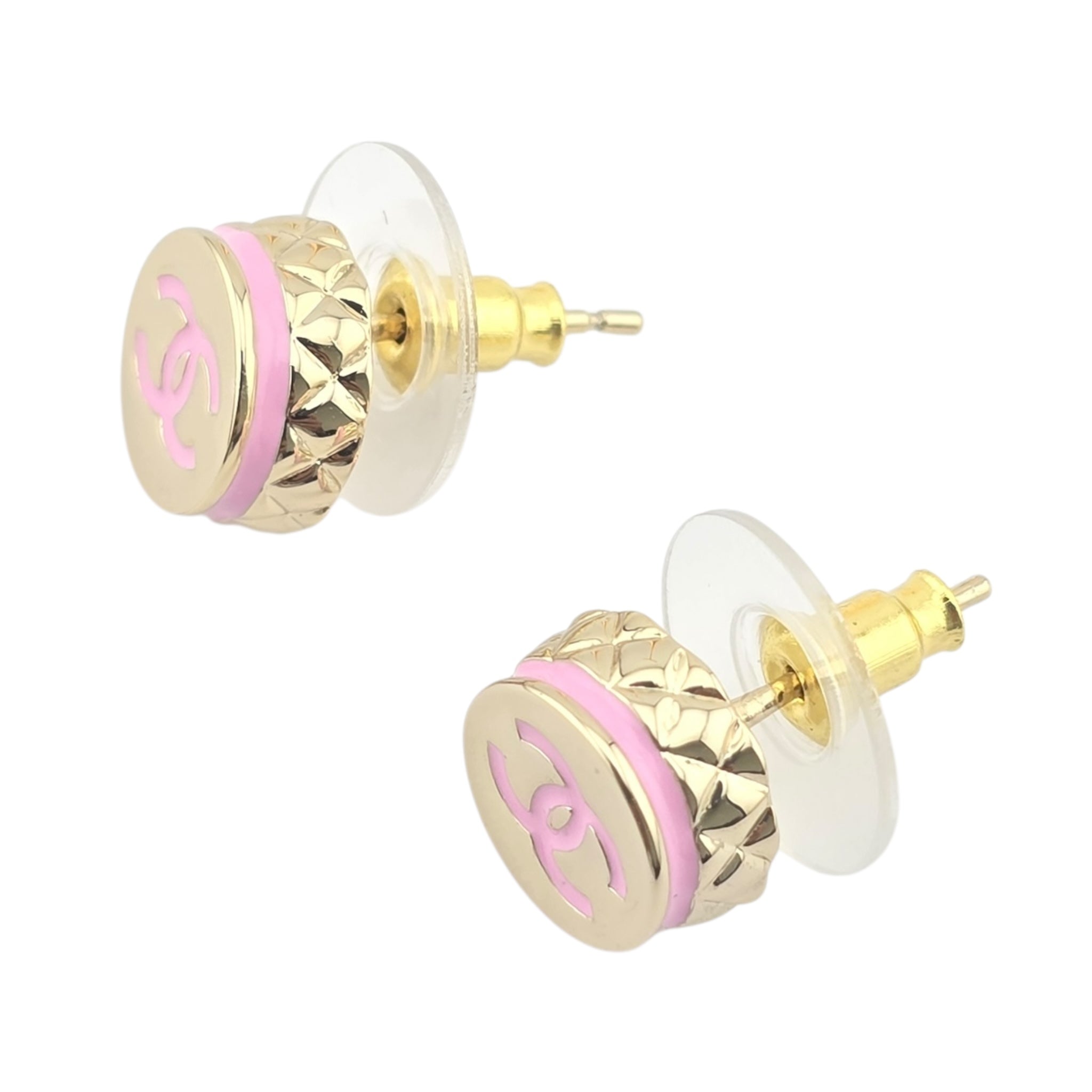 Chanel CC Stud Gold Pink Round Earrings B25 CHANEL