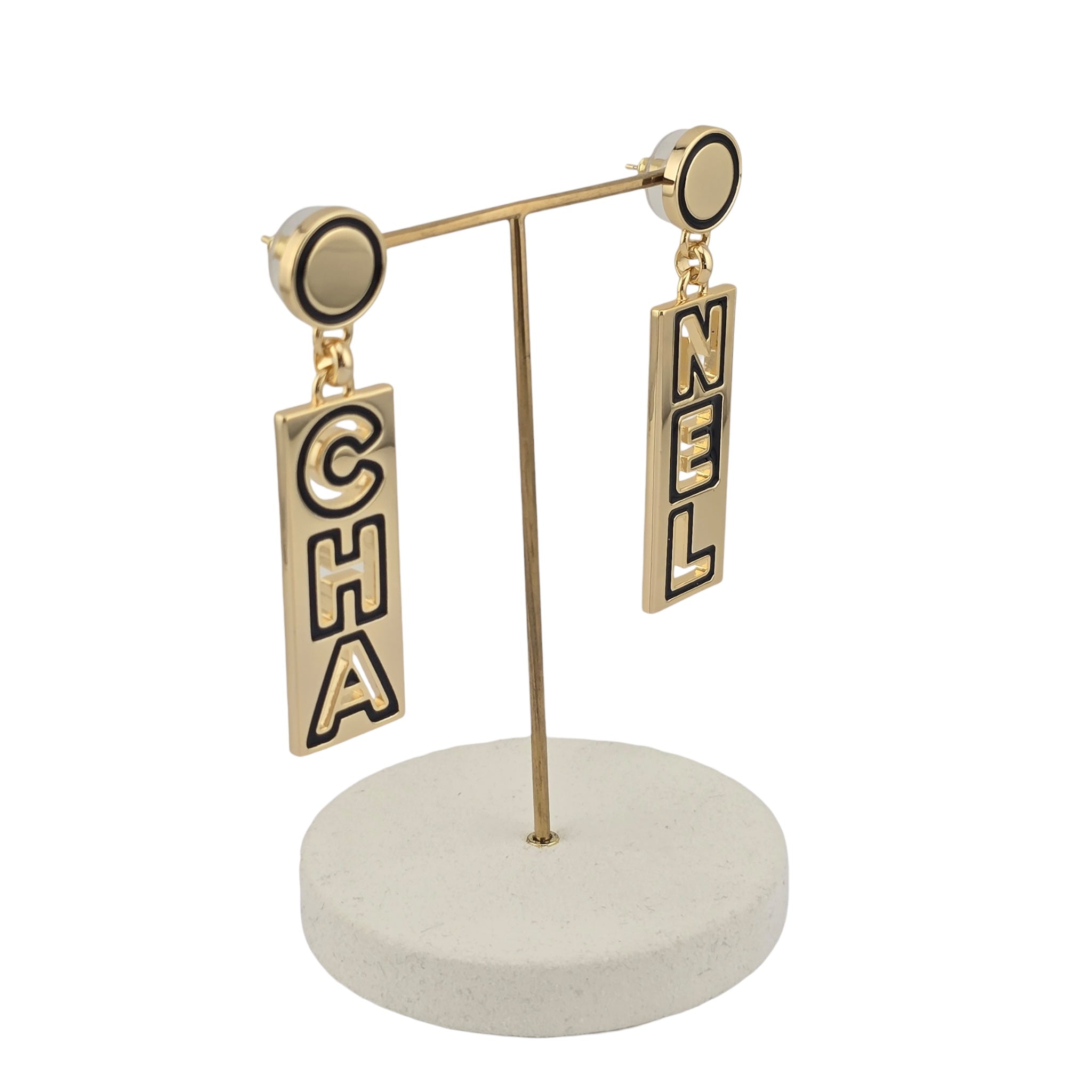 Chanel Metal Enamel Cha-Nel Logo Drop Earrings CHANEL
