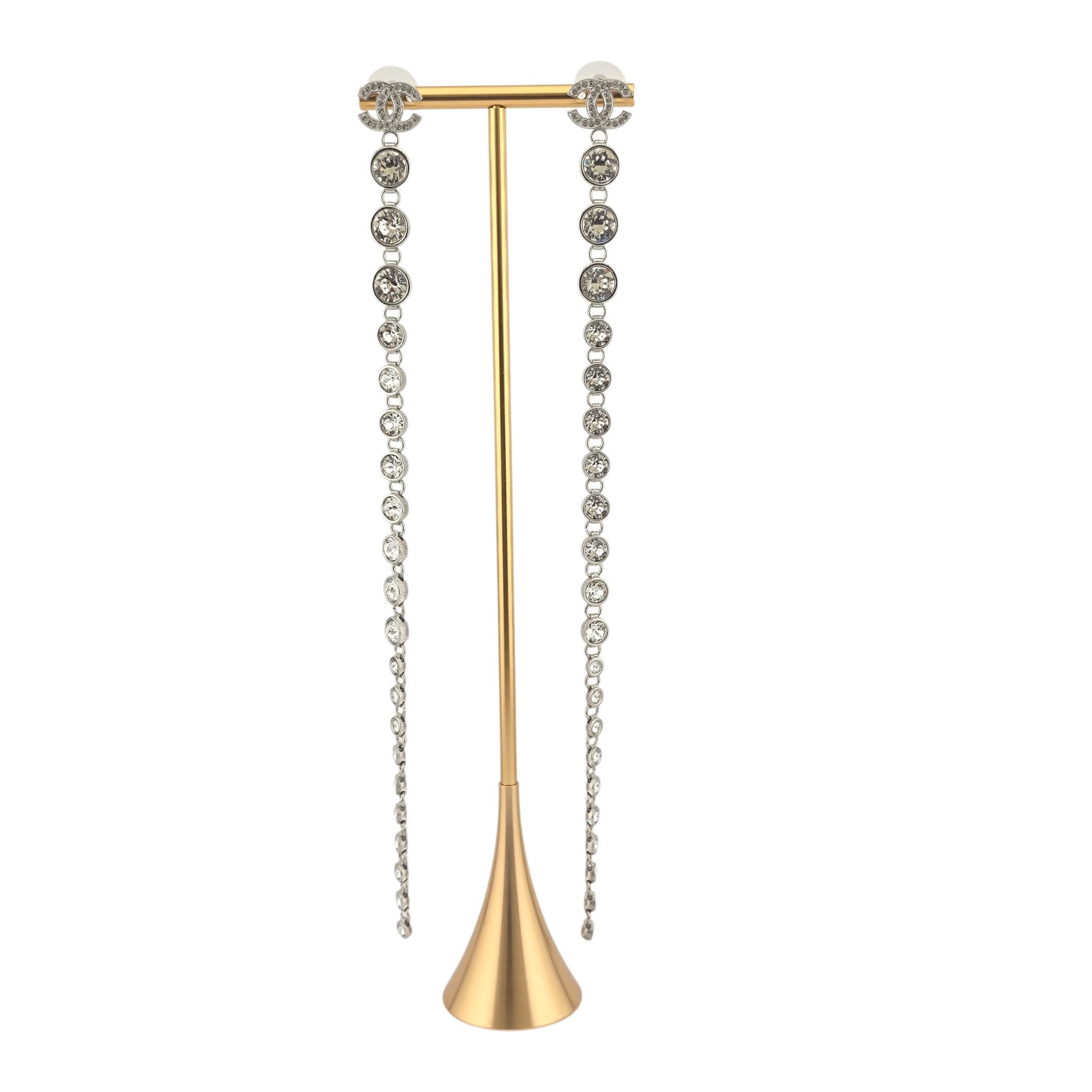 Chanel CC Crystal Long Drop Silver Earrings 23SS CHANEL