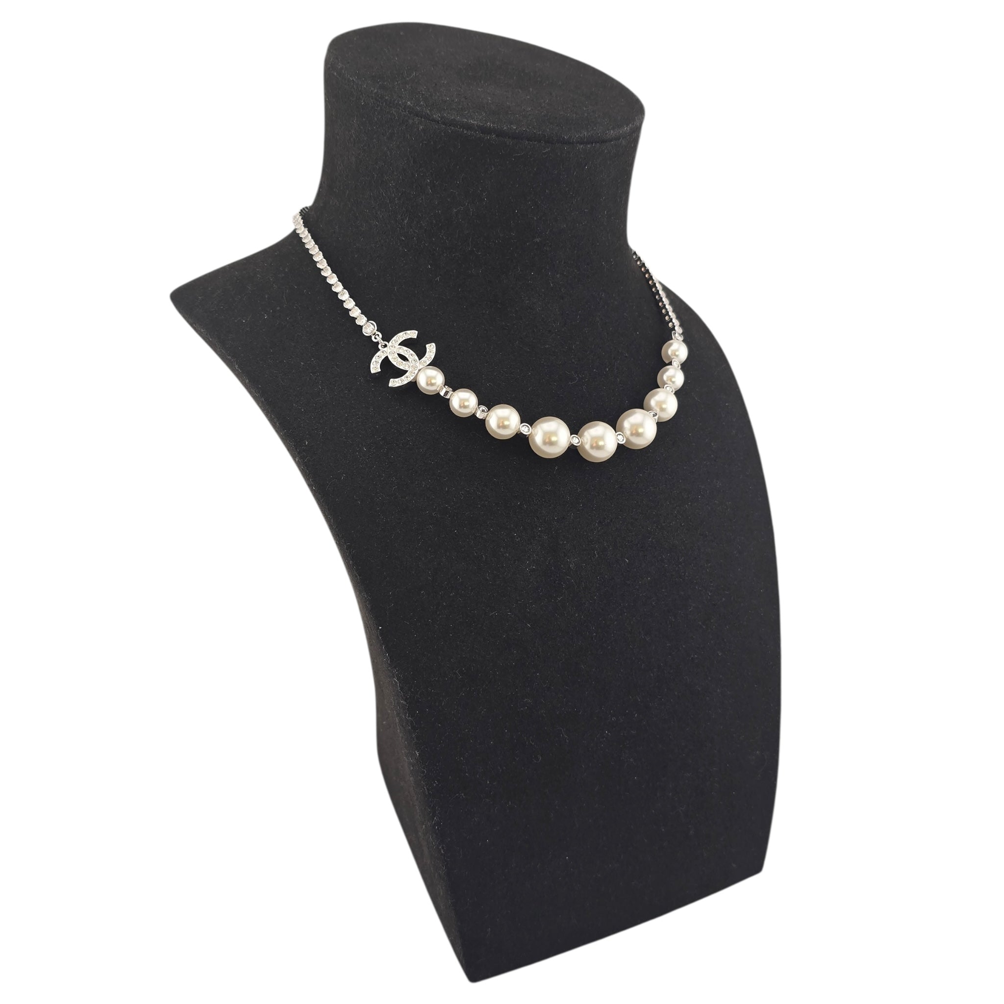 Chanel CC Faux Pearl Silver Crystal Necklace 2025 CHANEL