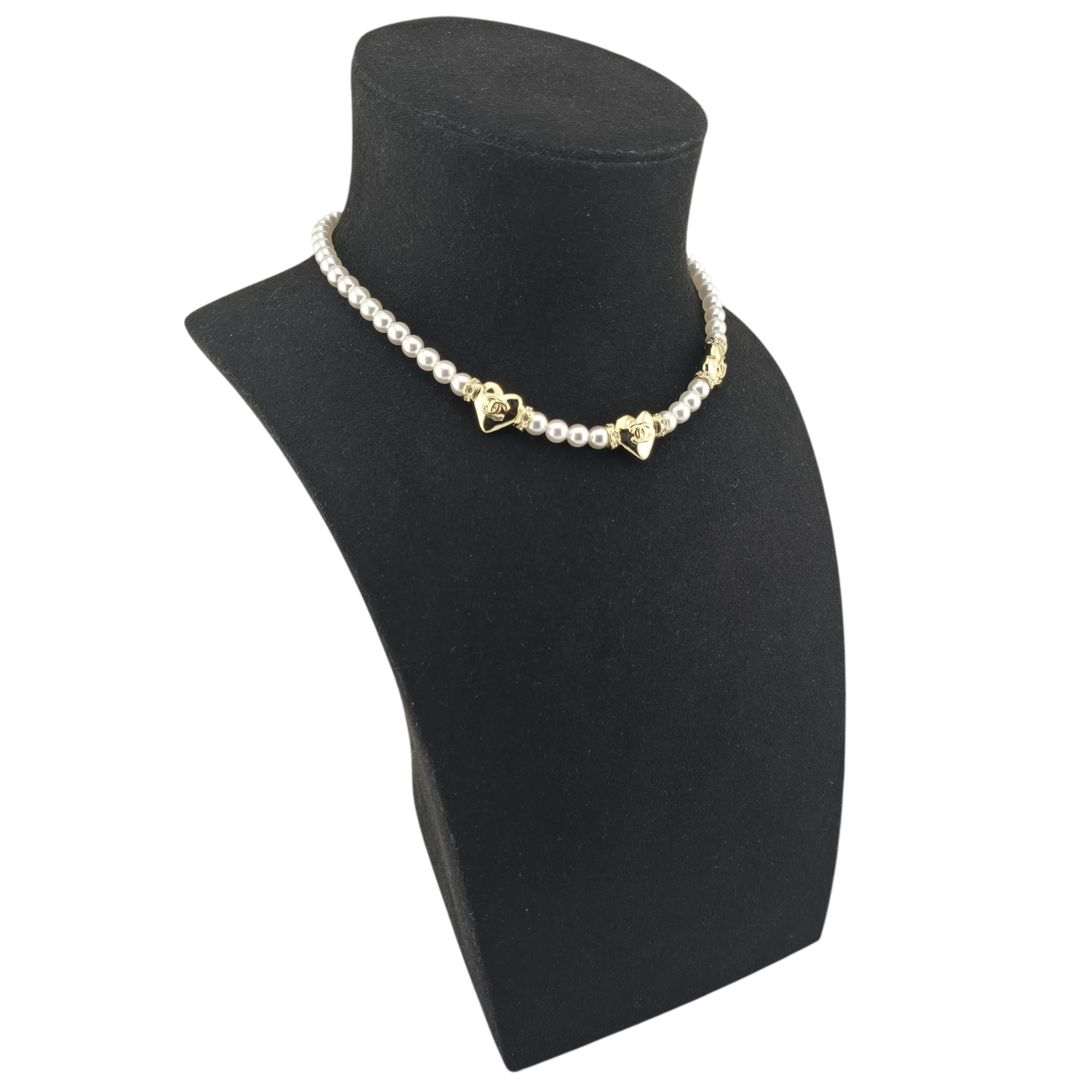 Chanel CC Faux Pearl Gold Heart Necklace 2024
