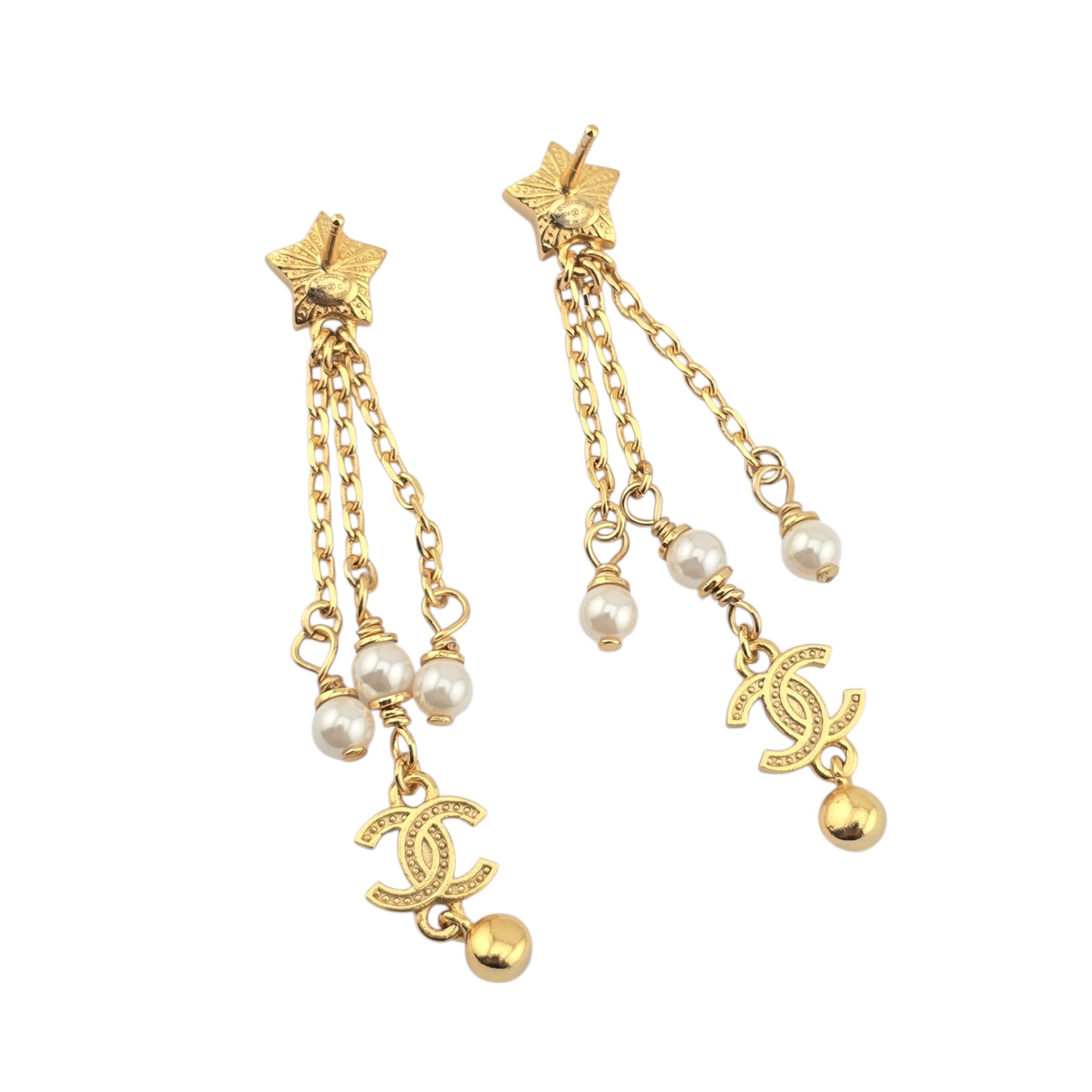 Chanel CC Faux Pearl Star Dangle Gold Earrings 2024