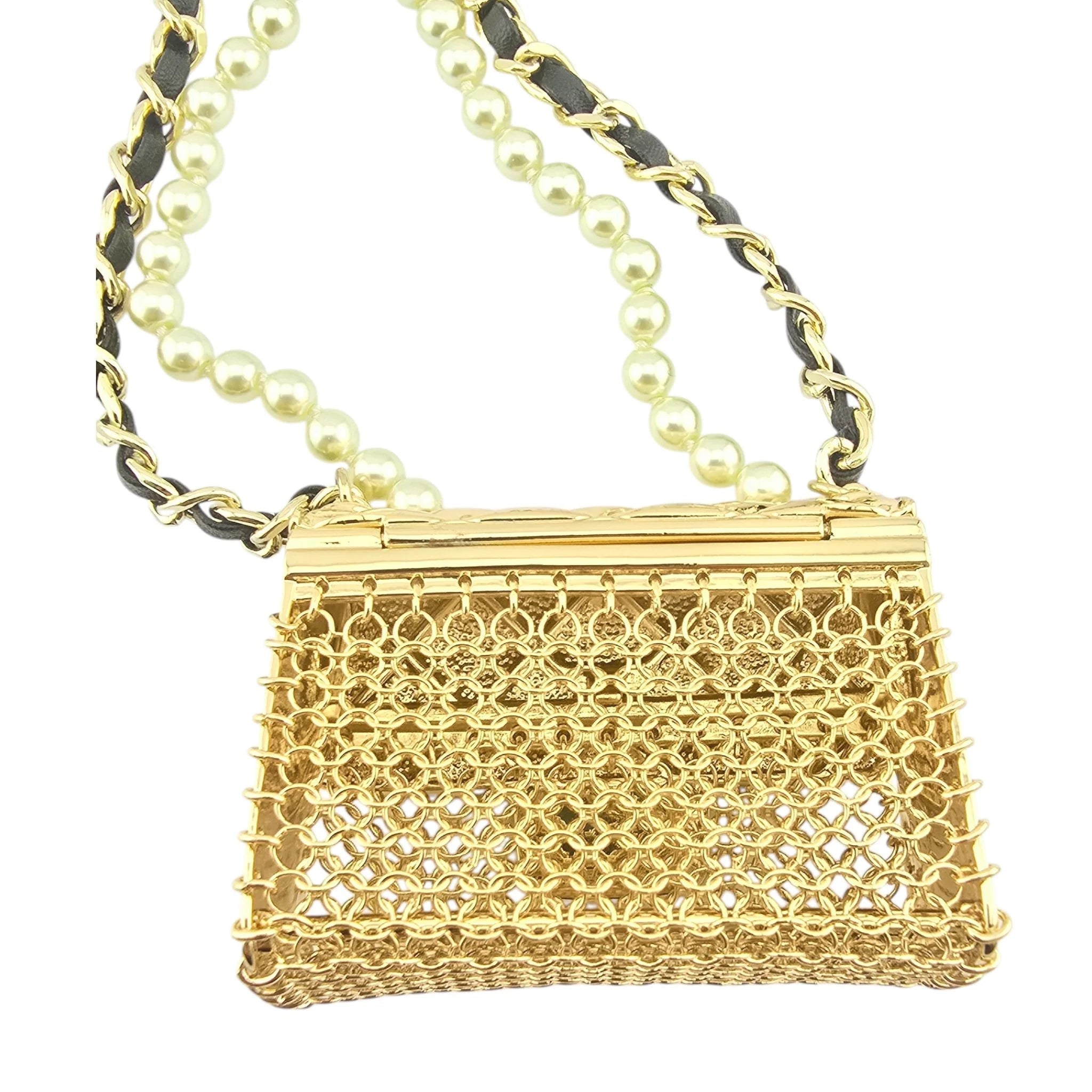 Chanel Flap Bag Pendant Long Necklace Quilted Metal with Lambskin and Faux Pearl CHANEL