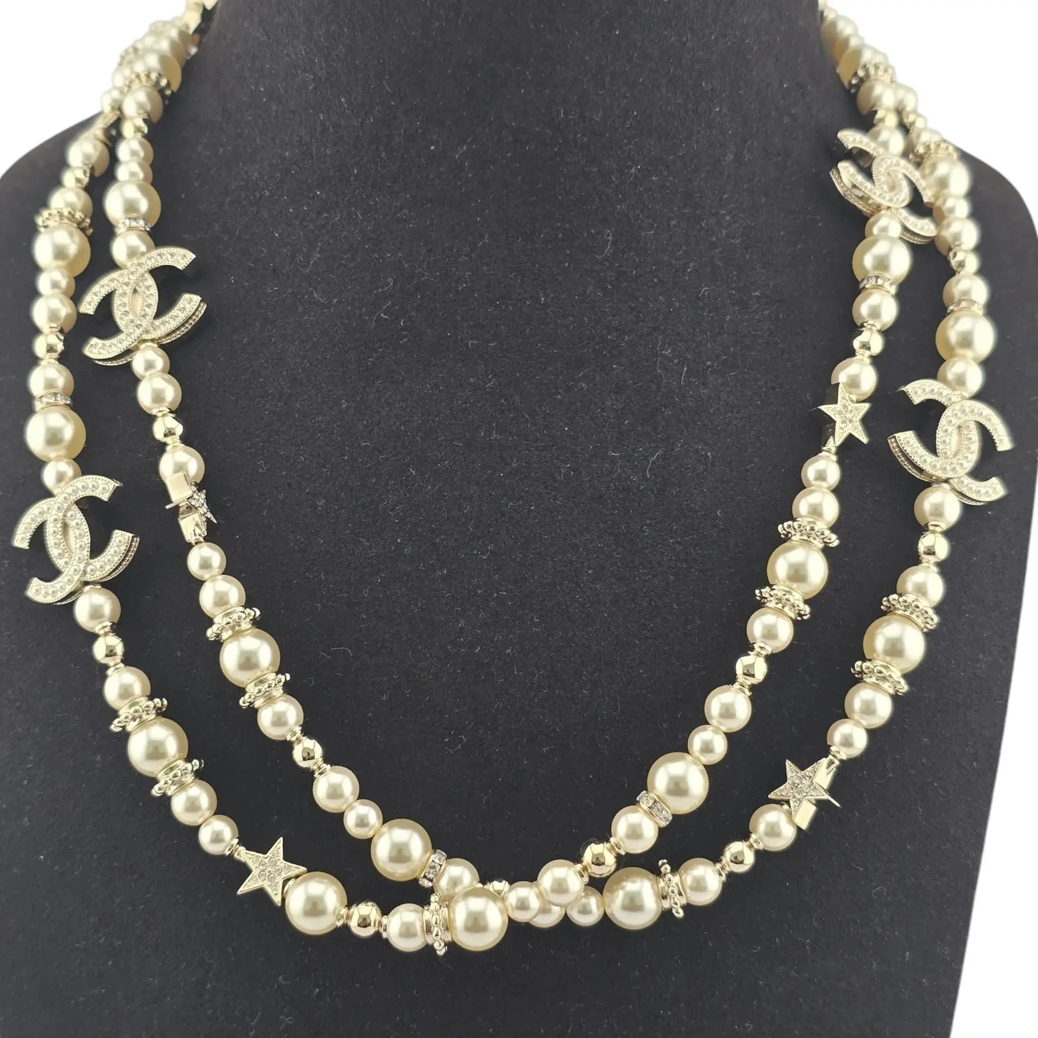 Chanel CC Long Faux Pearl Necklace Star Crystals 2023 CHANEL