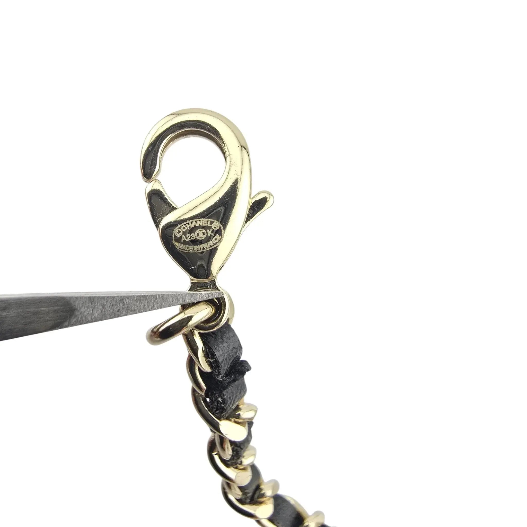 Chanel CC Gold Black Leather Long Necklace A23 CHANEL