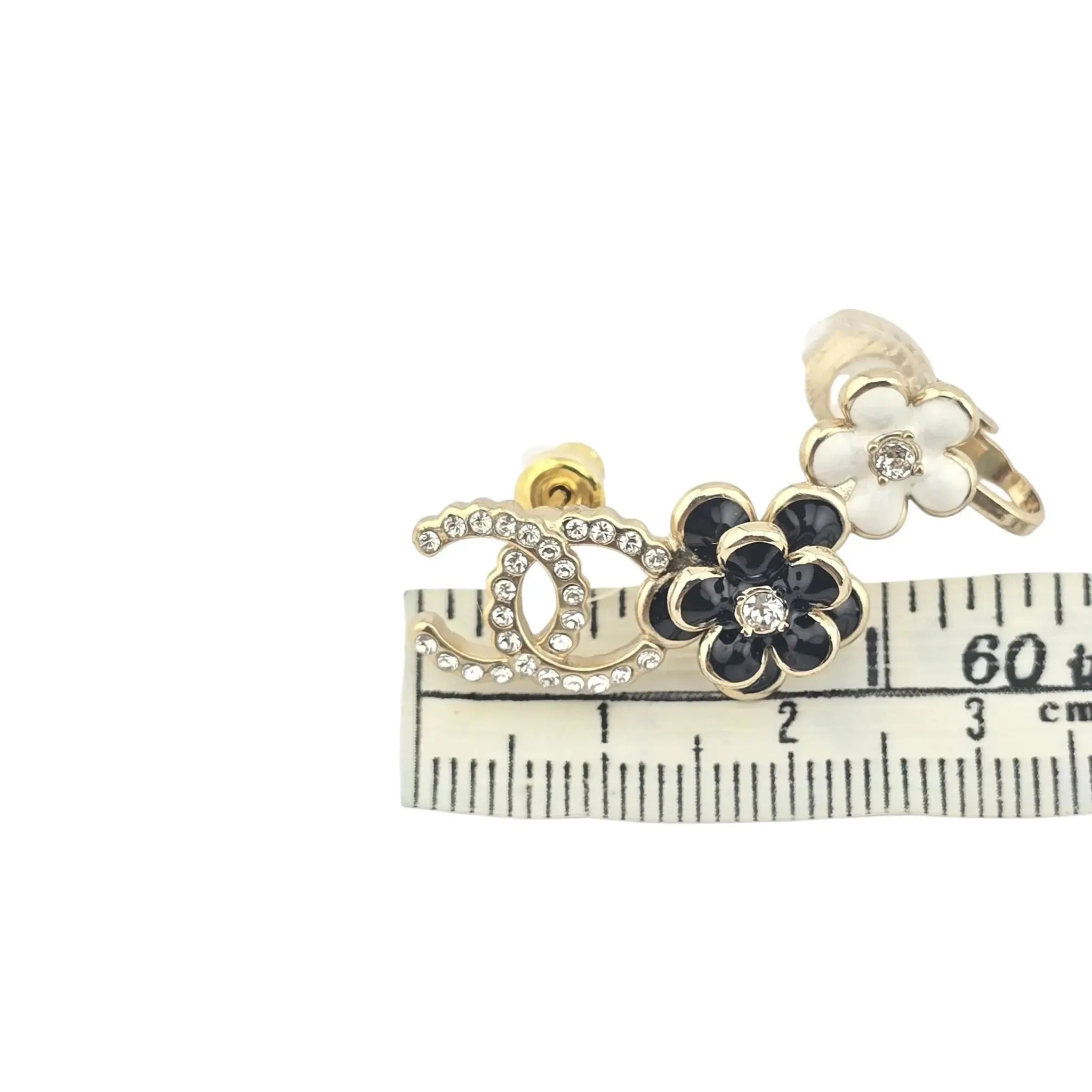 Chanel CC Crystal Enamel Camelia Clip On Stud  Earrings Black White CHANEL