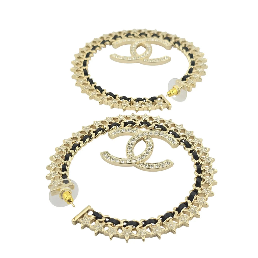 Chanel CC Large Hoop Earrings Crystal/Leather CHANEL