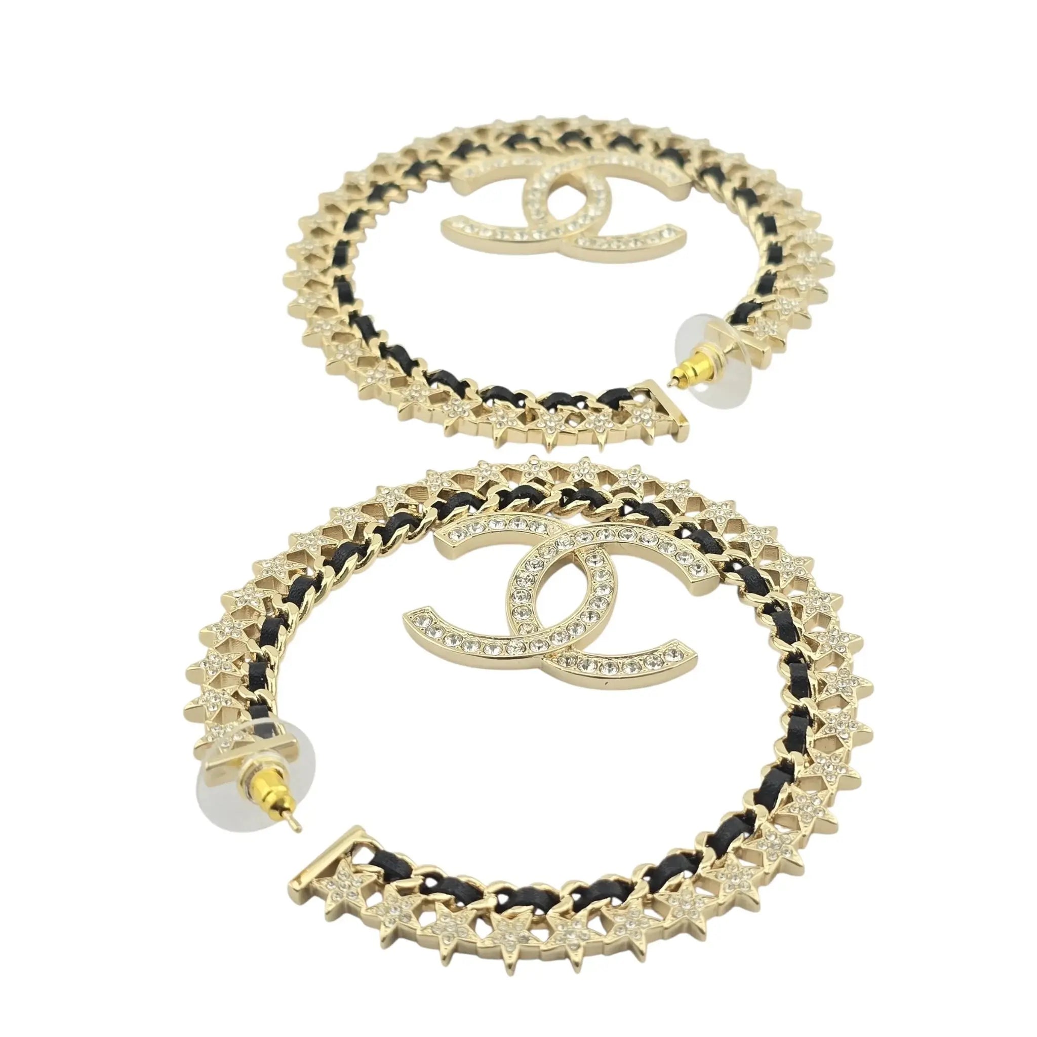 Chanel CC Large Hoop Earrings Crystal/Leather CHANEL