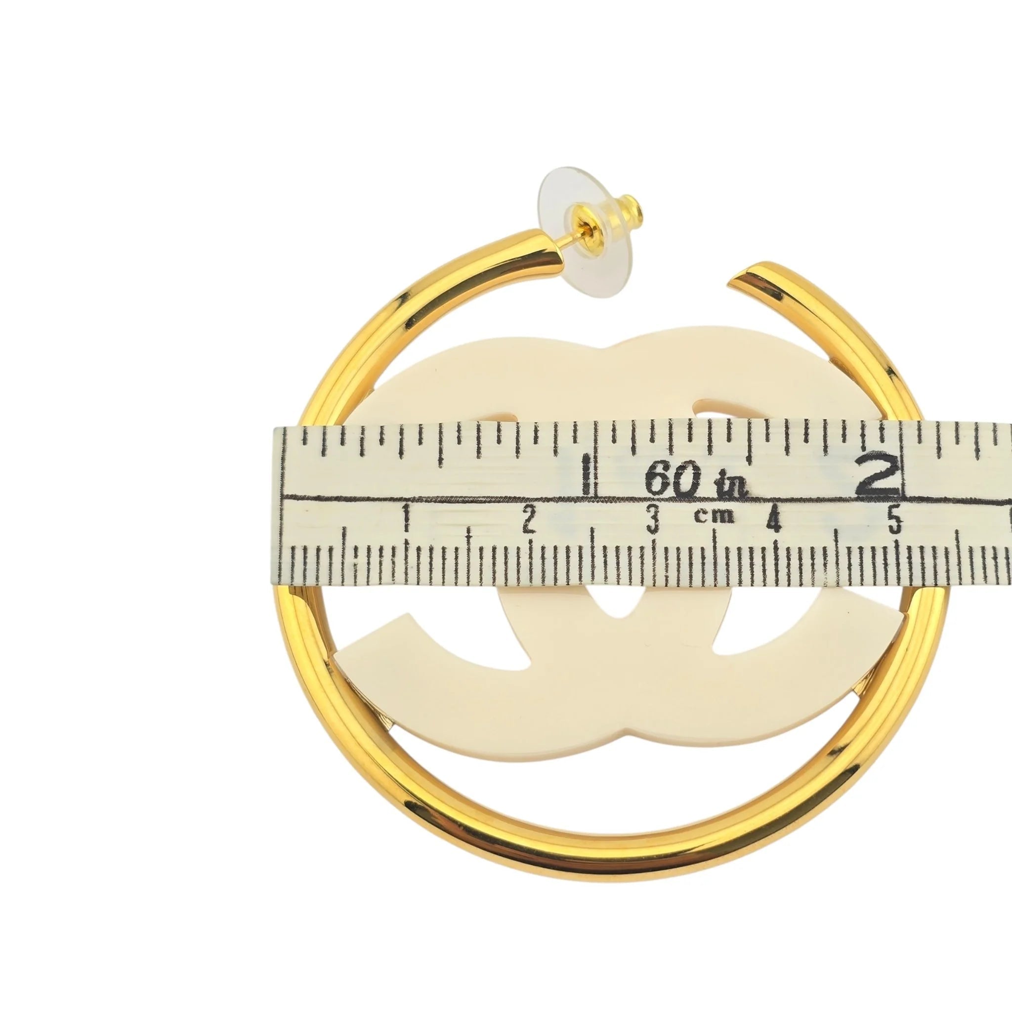 Chanel CC White/Gold Hoop Earrings B24 CHANEL