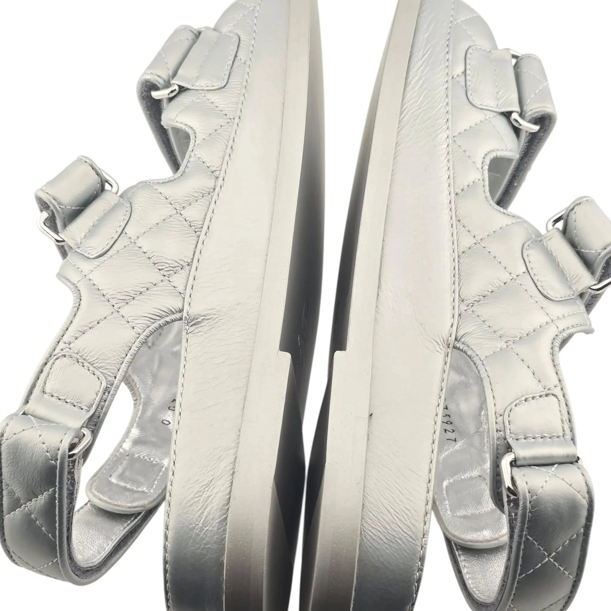 Chanel CC Silver Metallic Leather Dad Sandals CHANEL