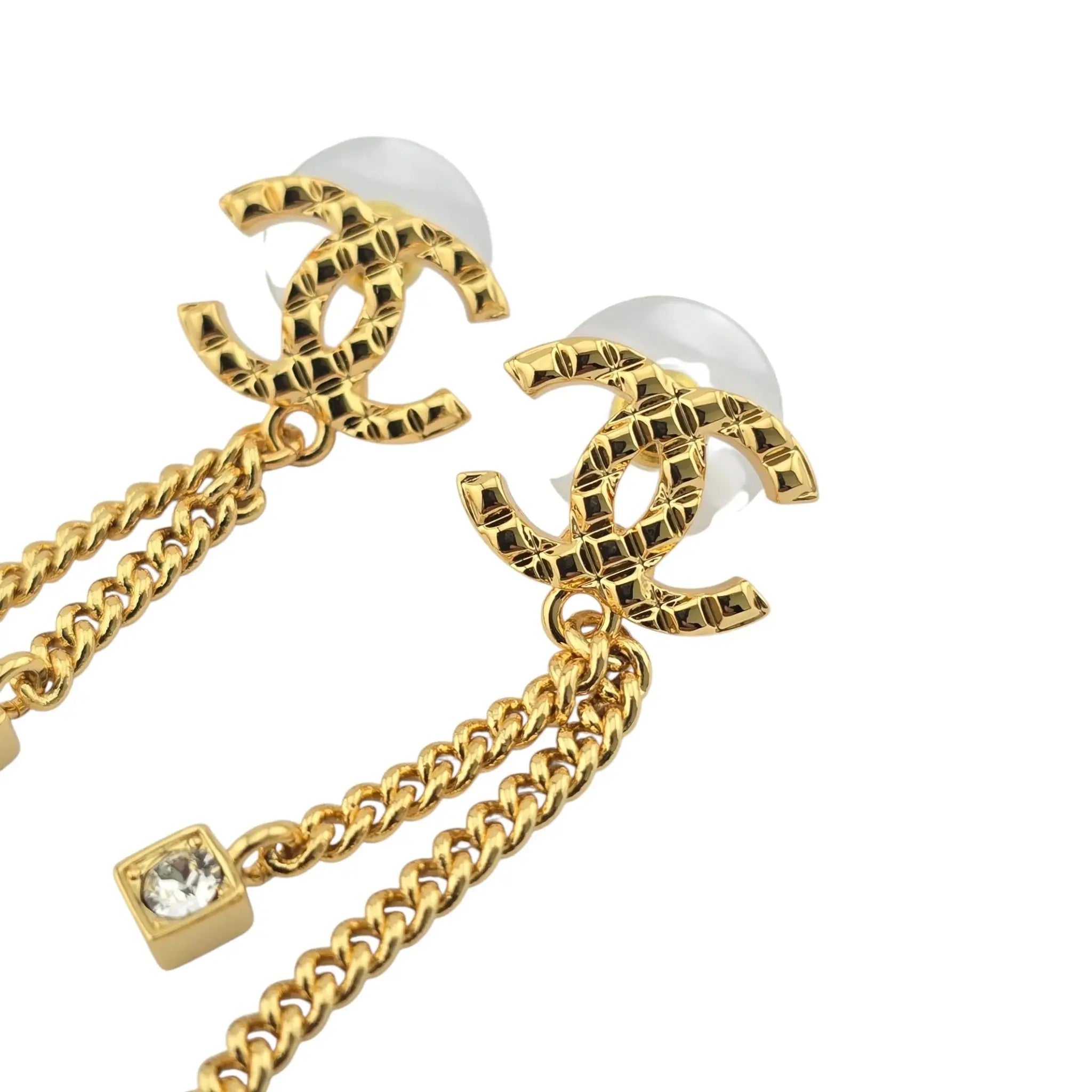 Chanel CC Crystal Pearl Quilted Chain Drop Earrings Gold CHANEL