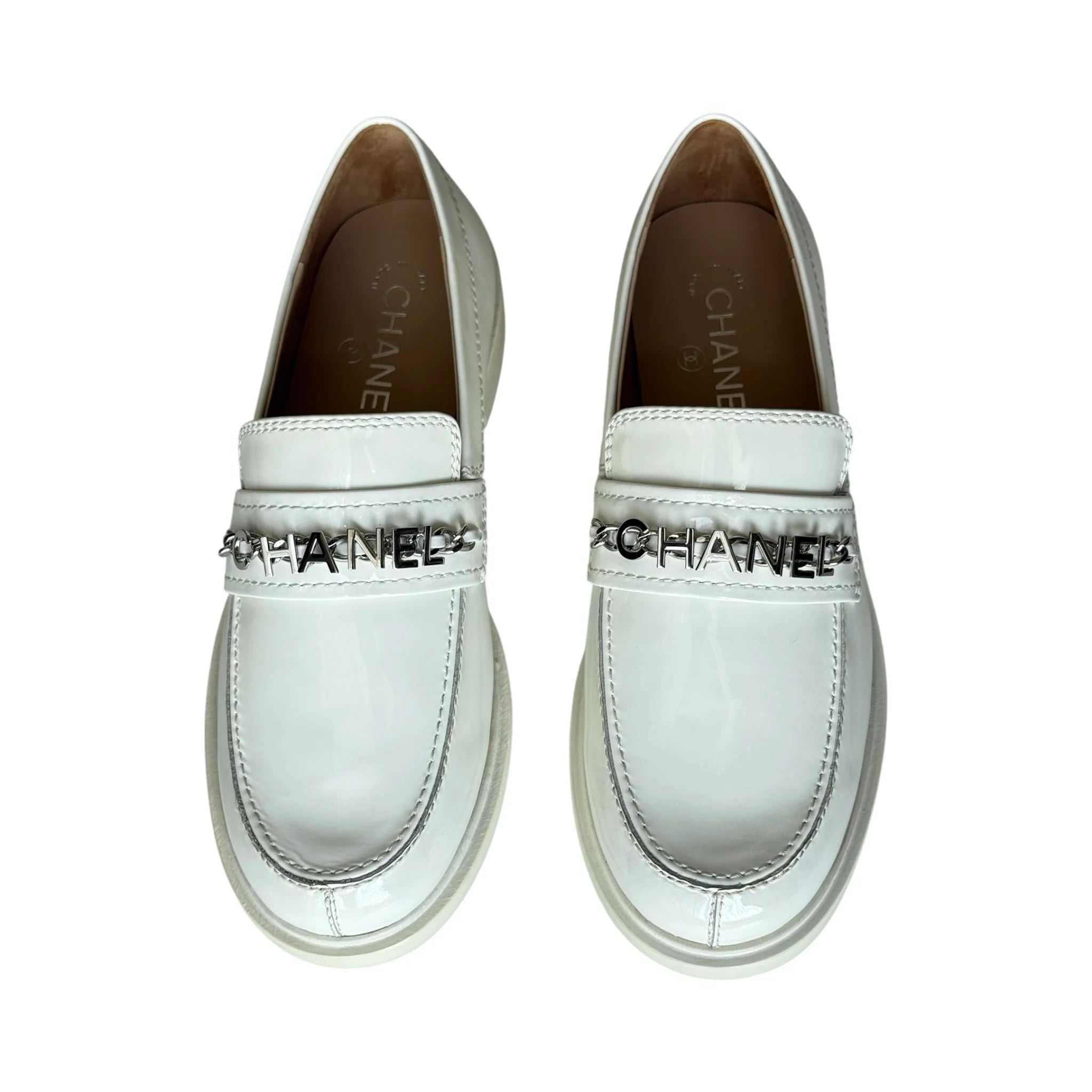 Chanel White Shiny Calfskin Logo Loafers - 39
