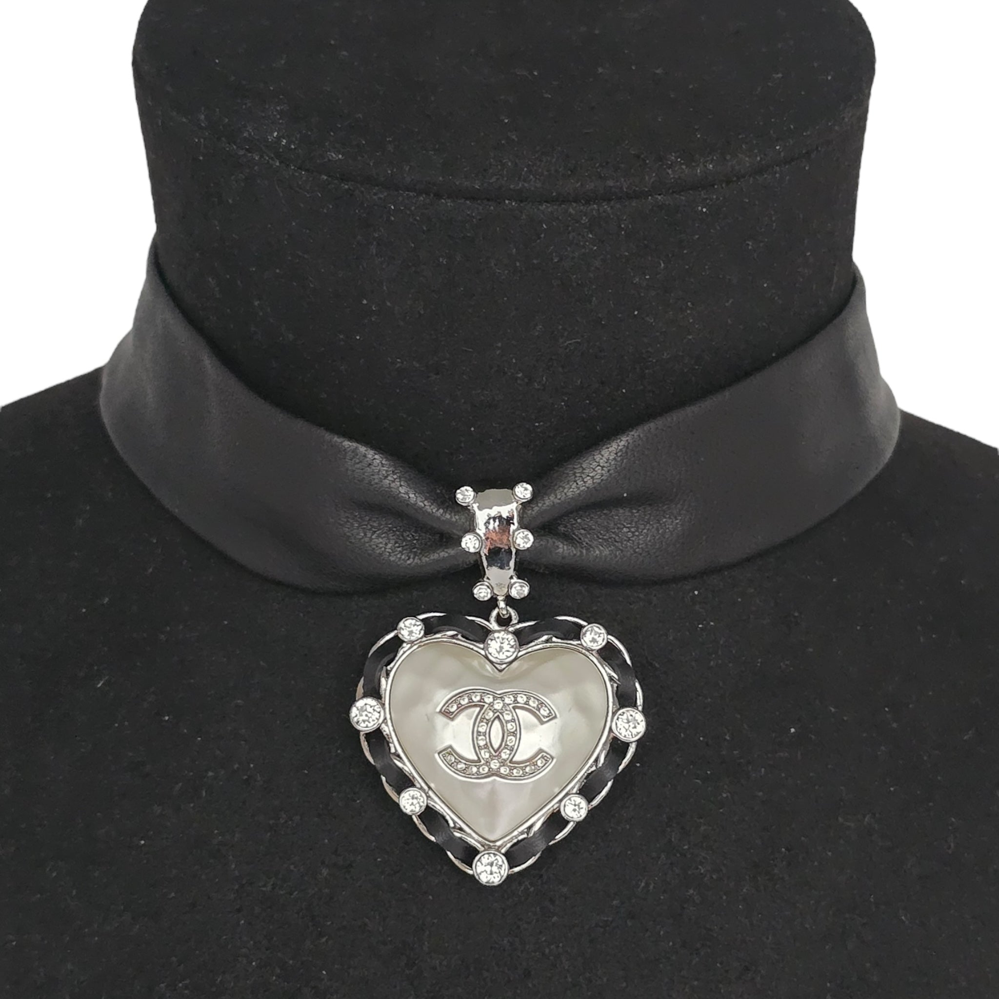 Chanel CC Lambskin Crystal Heart Choker Necklace Ruthenium Black CHANEL