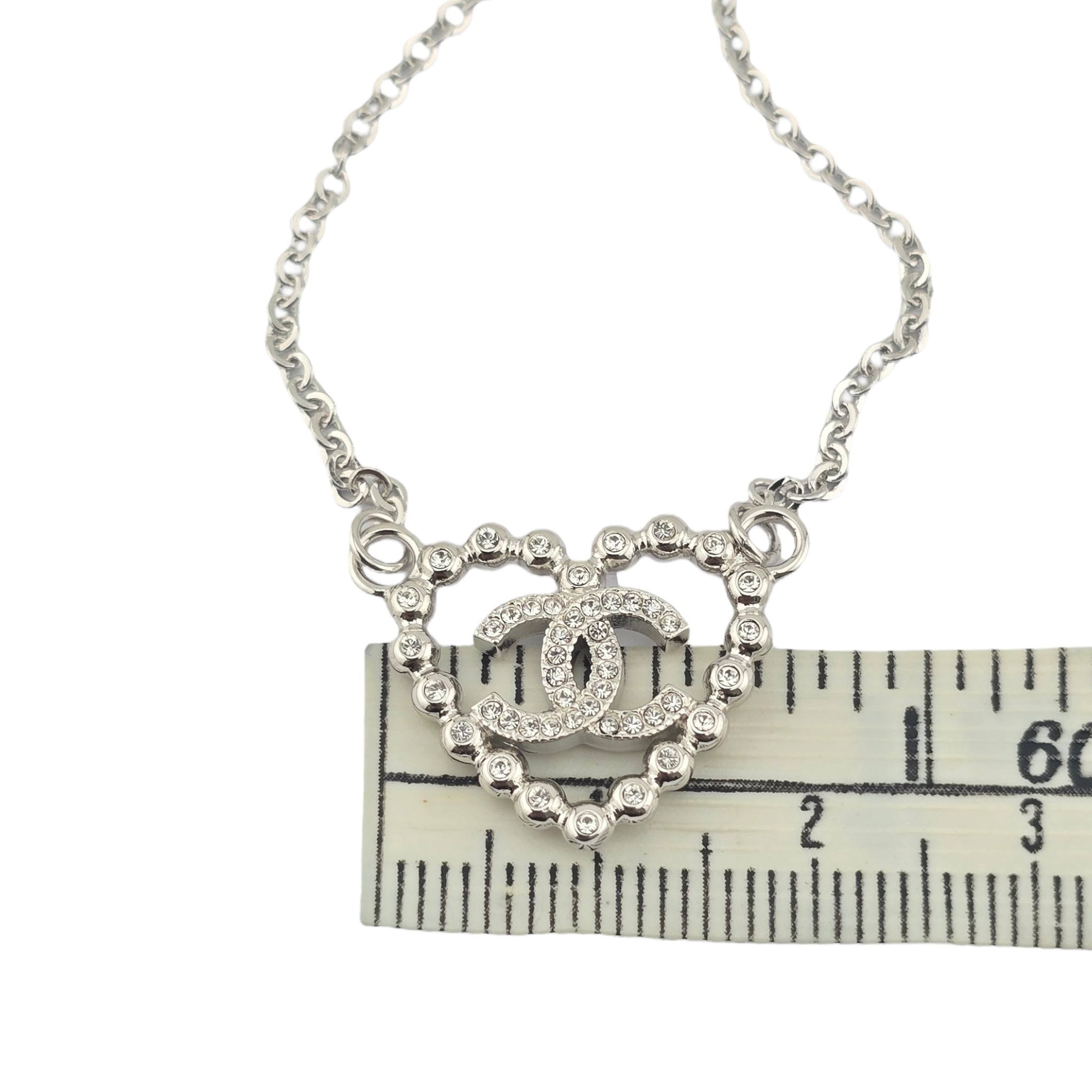 Chanel CC Crystal Heart Silver Necklace