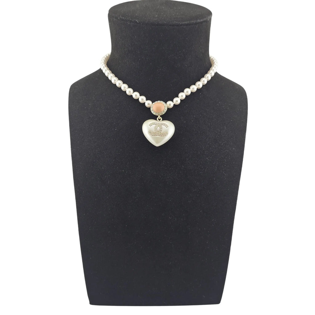 Chanel CC Pearl Crystal Heart Gold Short Necklace 2021 CHANEL