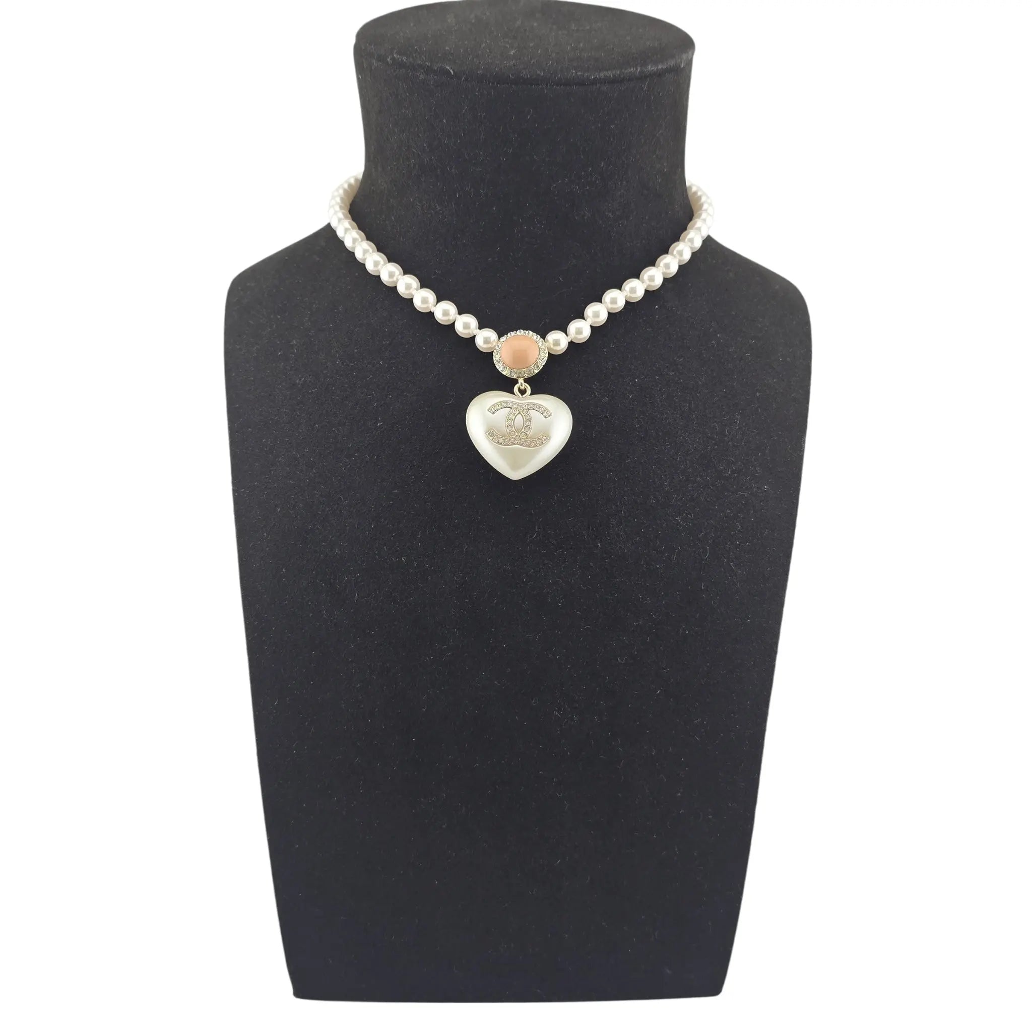 Chanel CC Pearl Crystal Heart Gold Short Necklace 2021 CHANEL