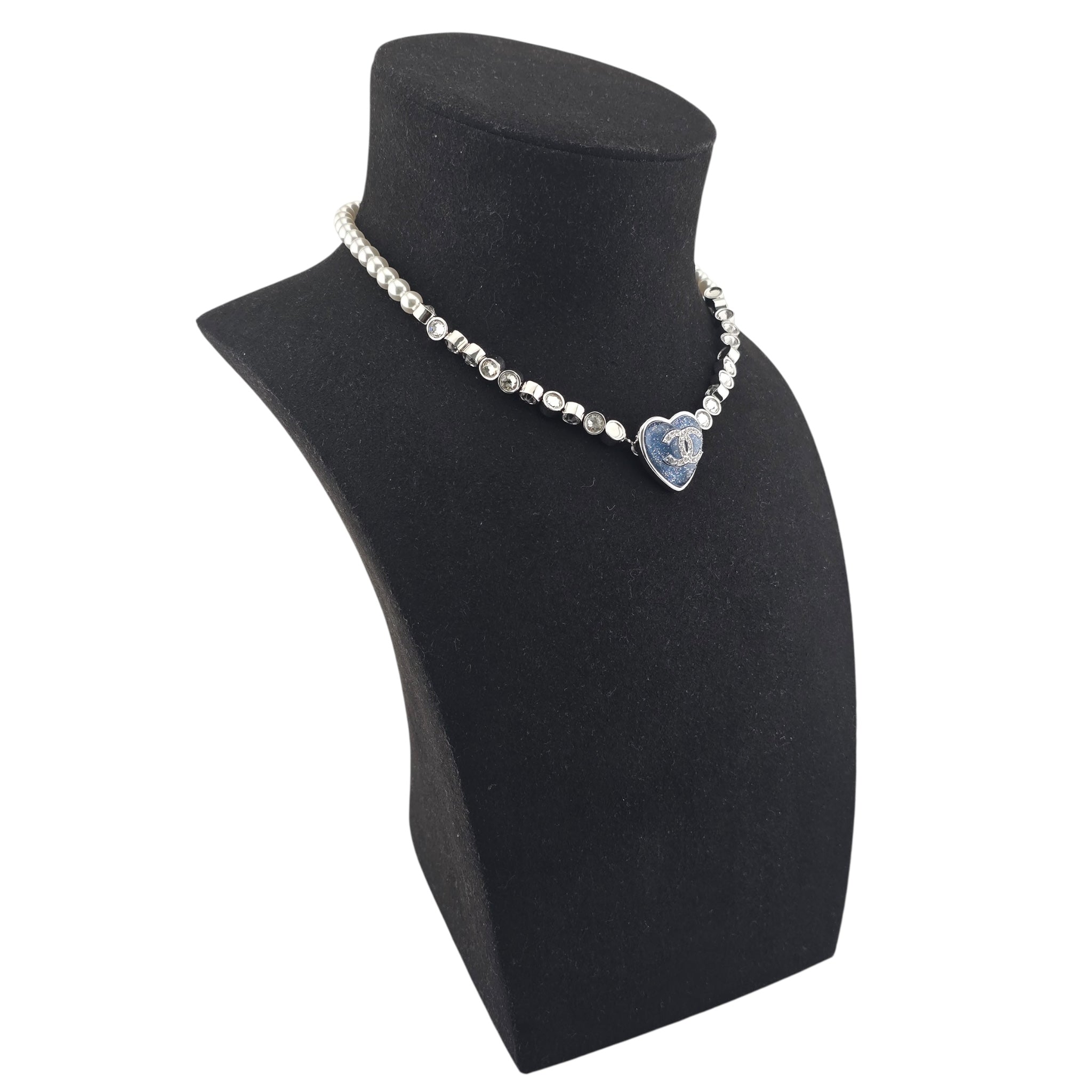 Chanel CC Faux Pearl Crystal Blue Heart Necklace 2025