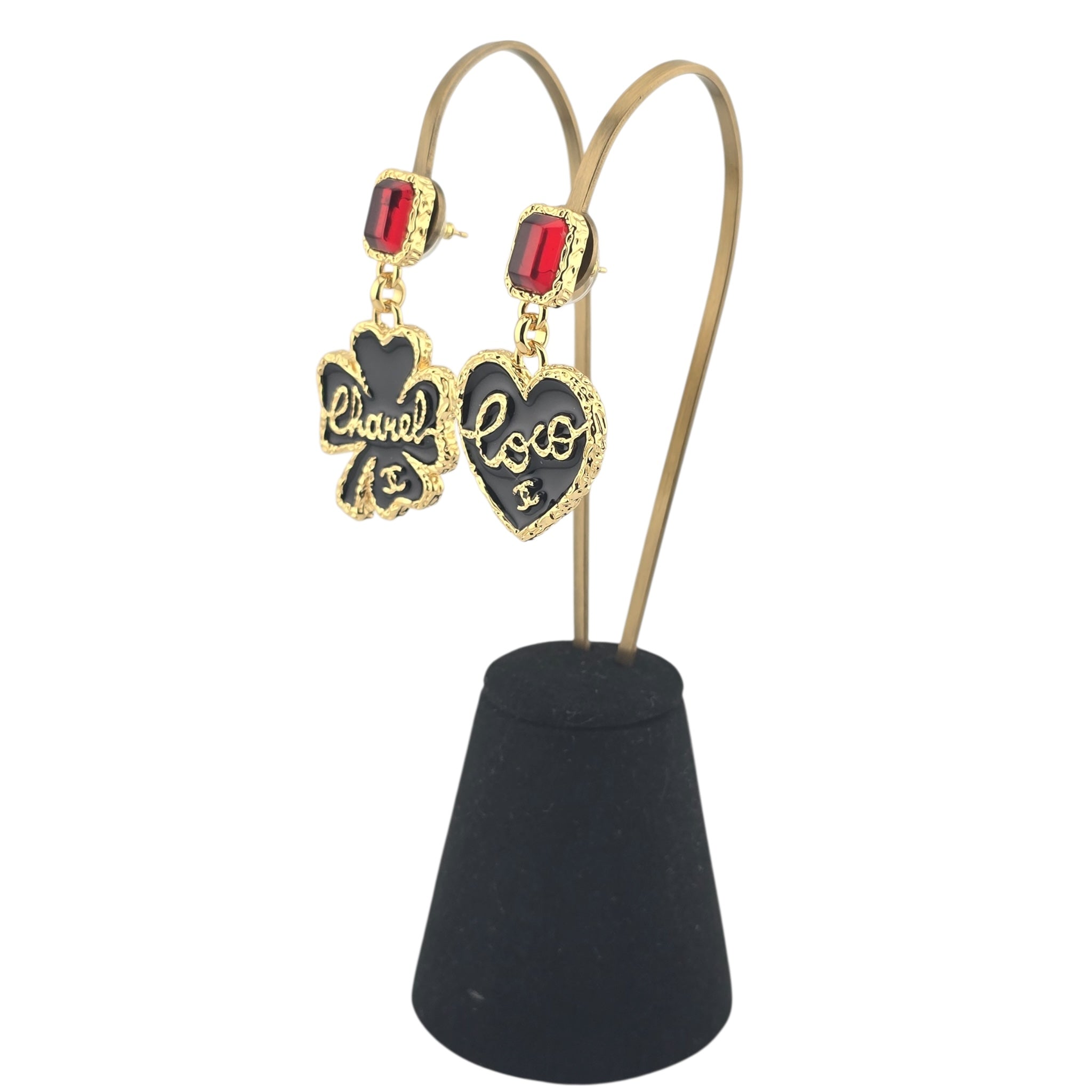 Chanel CC Clover Heart Black Gold Earrings 2024 CHANEL
