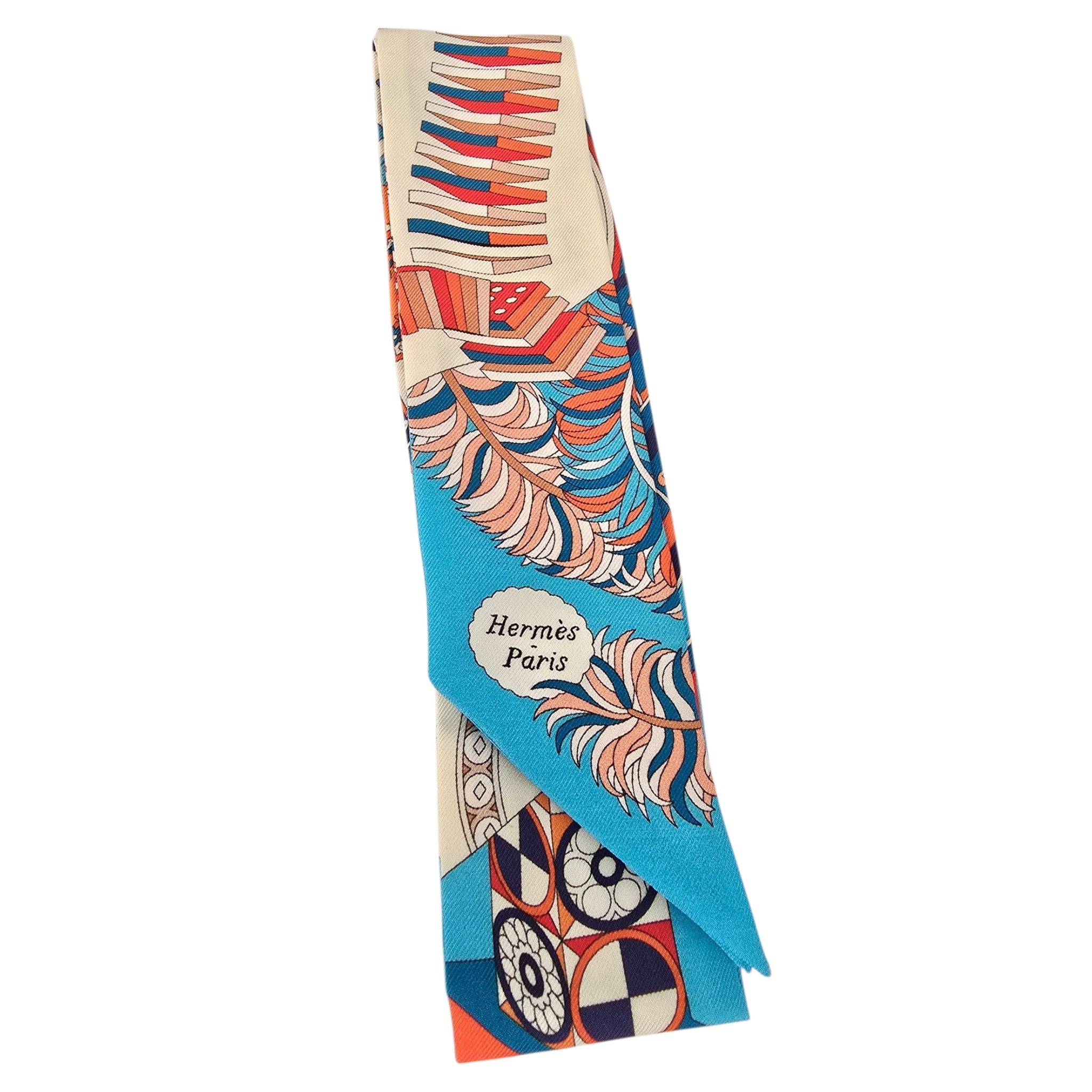 Hermes Silk Twilly De L’Ombrelle Aux Duels Blue Potiron and Creme HERMES