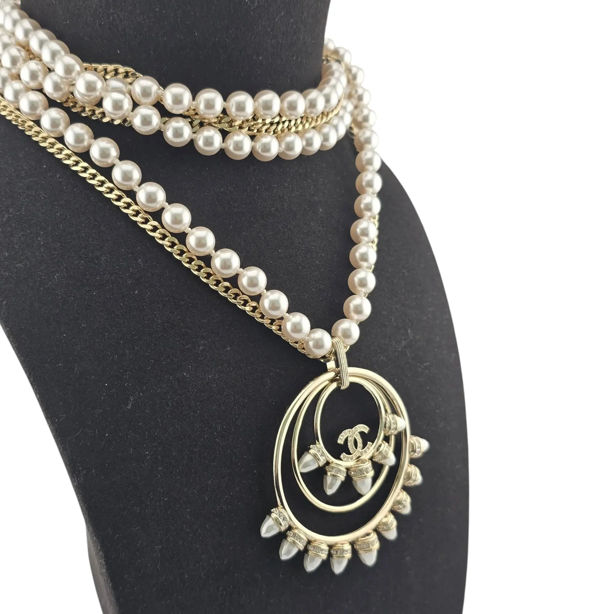 Chanel CC Large Pendant Long Faux Pearl Layered Necklace 2021 CHANEL