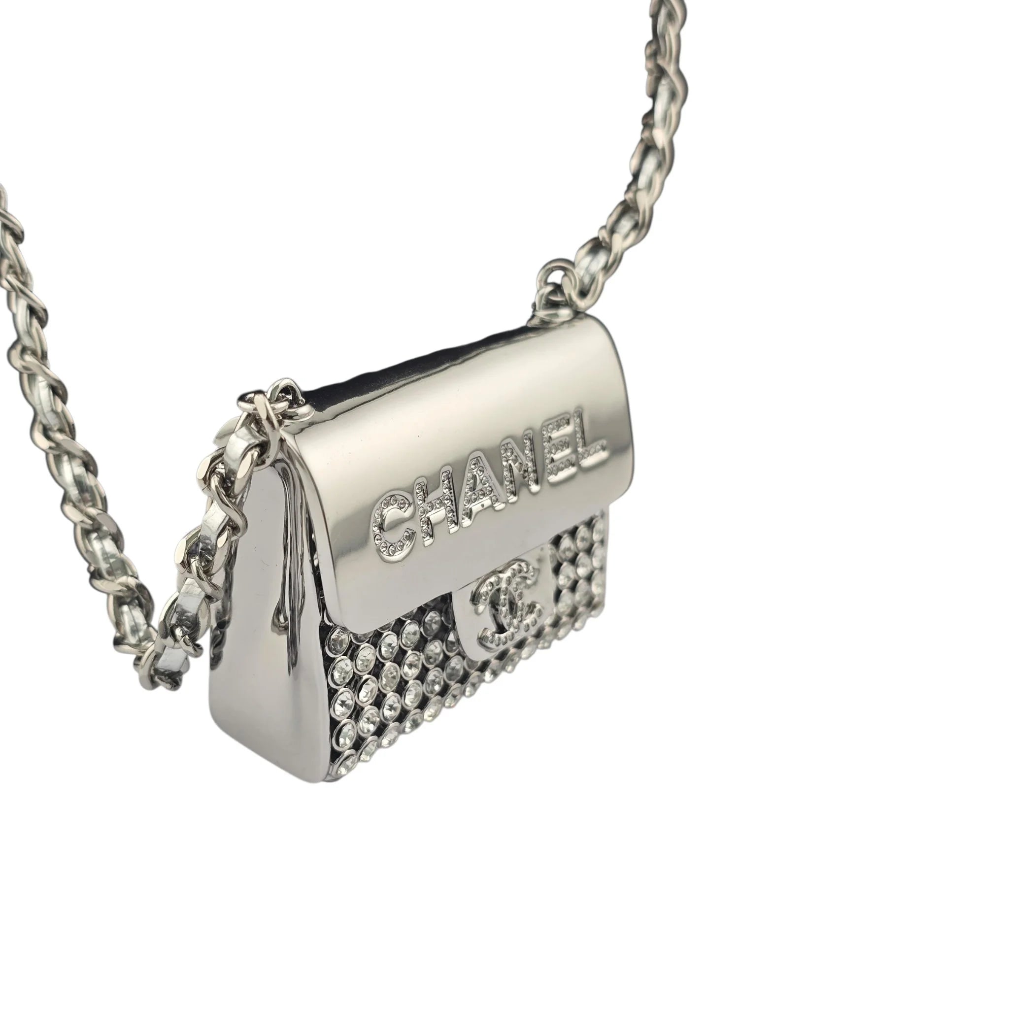 Chanel CC Metal Lambskin Strass Crystal Mini Bag Long Necklace Silver CHANEL