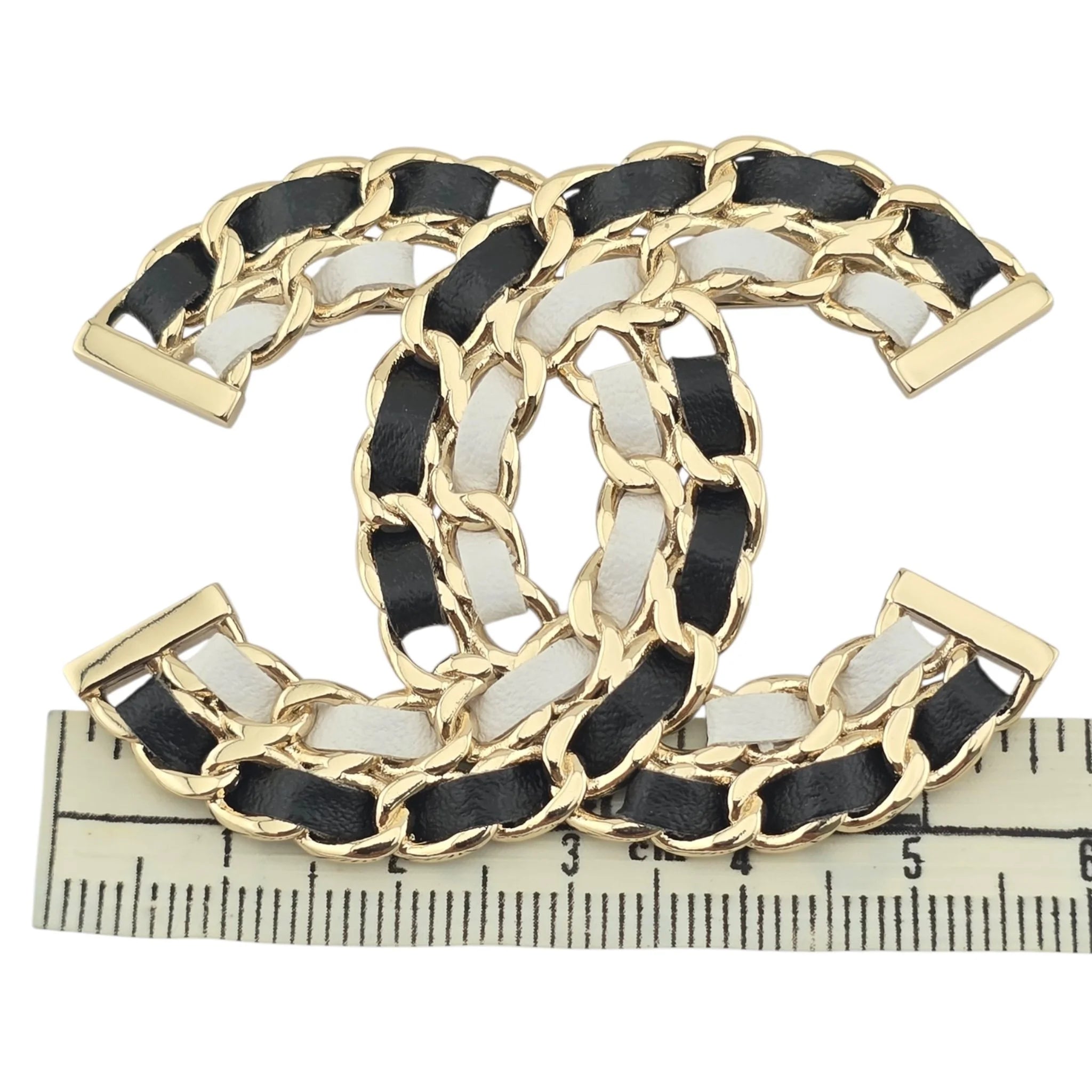 Chanel CC Lambskin Chain Brooch Black White Gold 2022 CHANEL