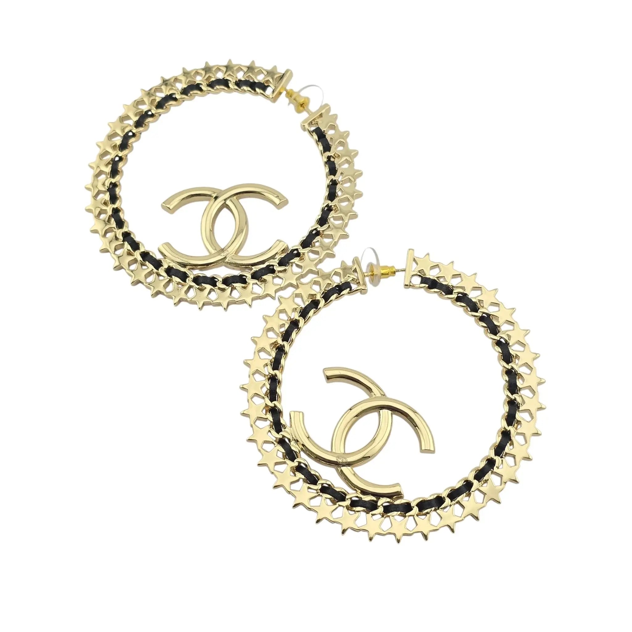 Chanel CC Large Hoop Earrings Crystal/Leather CHANEL