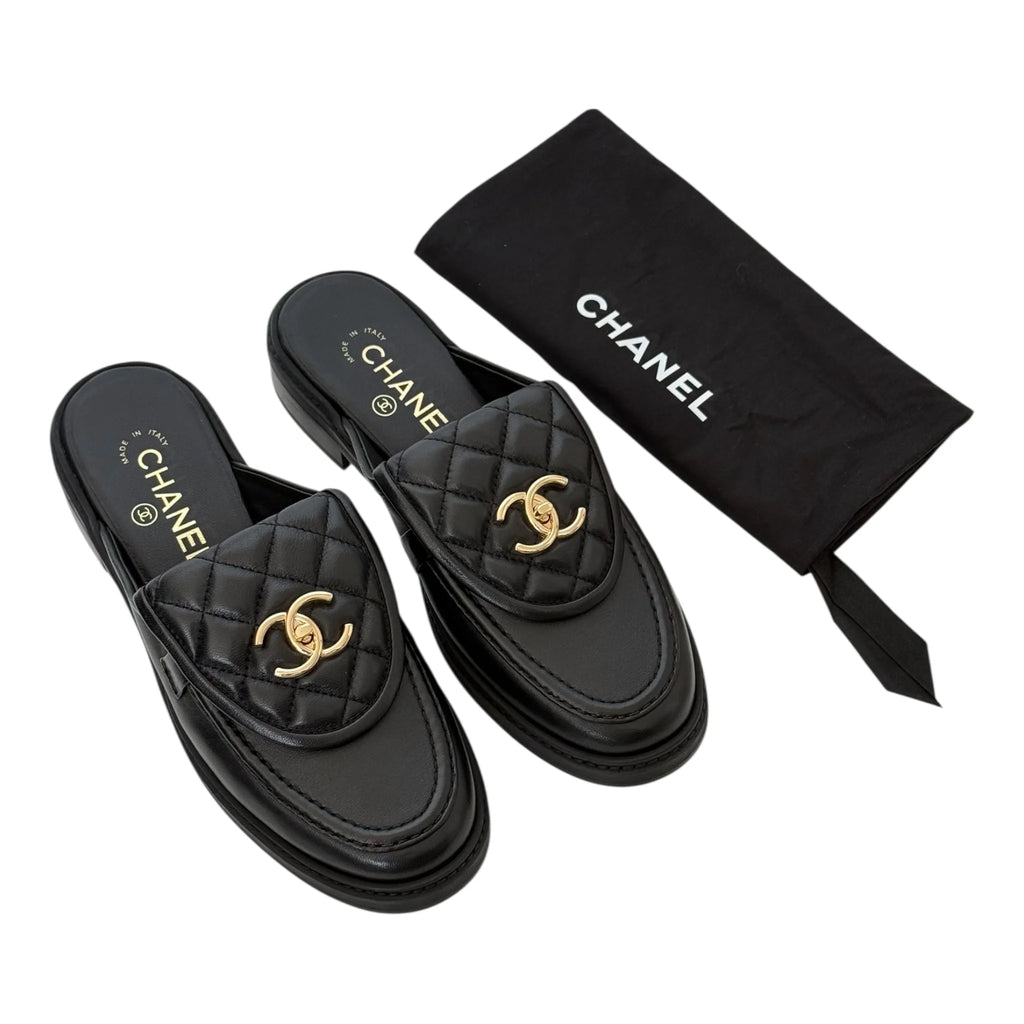 Chanel CC Black Turnlock Mules - 39