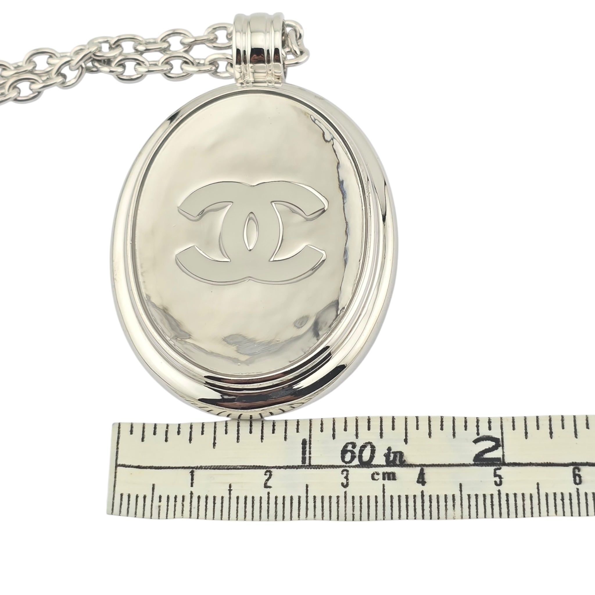 Chanel CC Silver Oval Pendant Necklace 2025