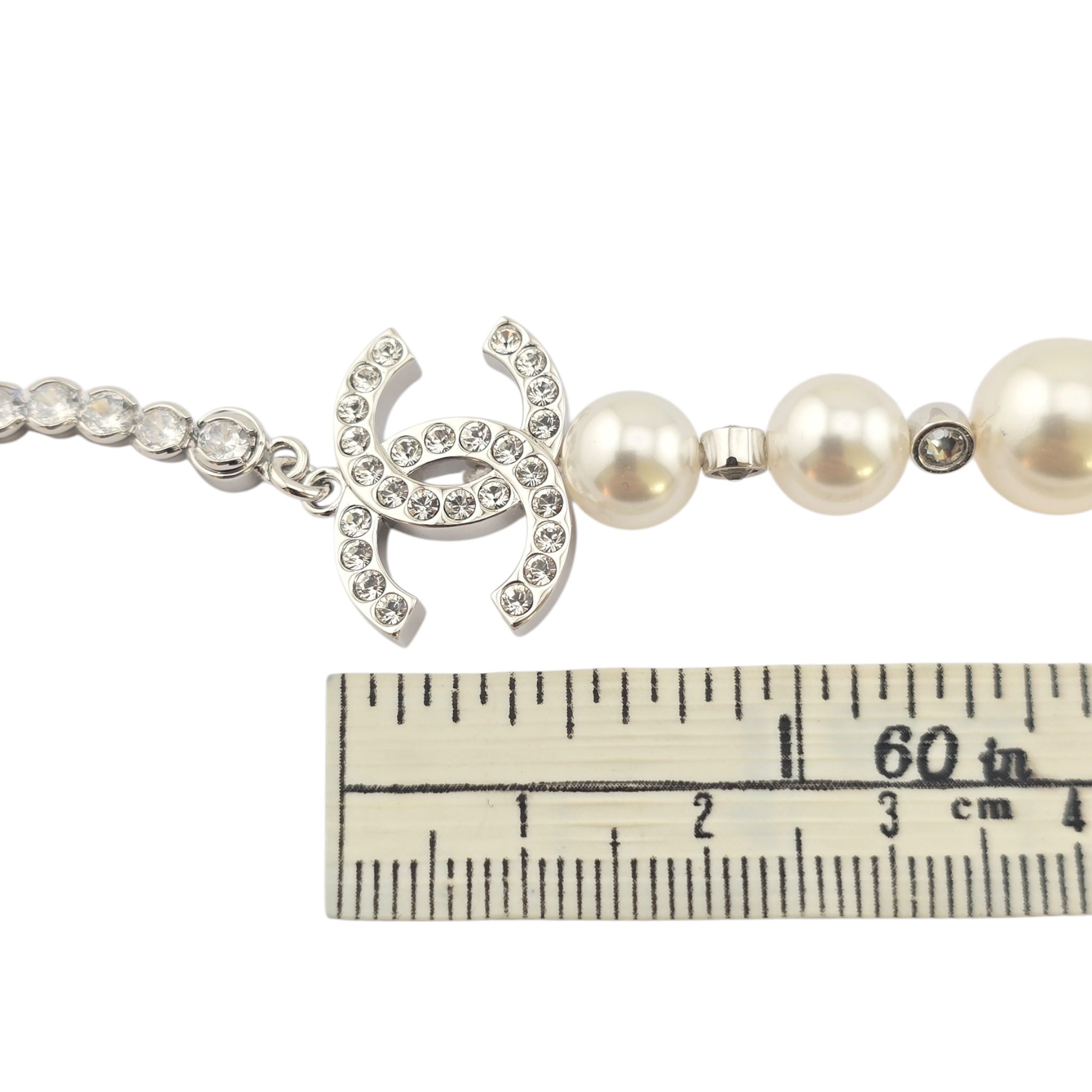 Chanel CC Faux Pearl Silver Crystal Necklace 2025 CHANEL