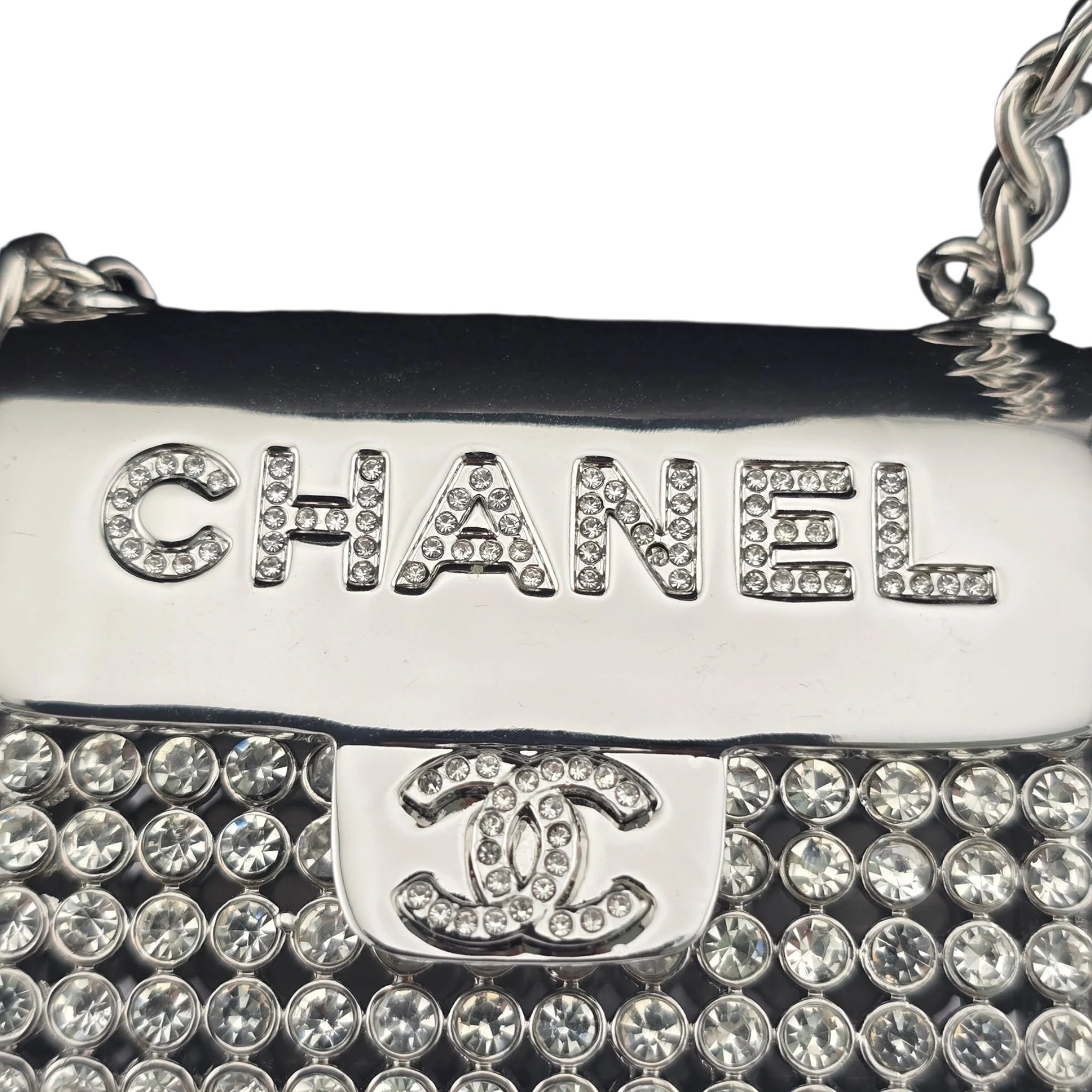 Chanel CC Metal Lambskin Strass Crystal Mini Bag Long Necklace Silver CHANEL