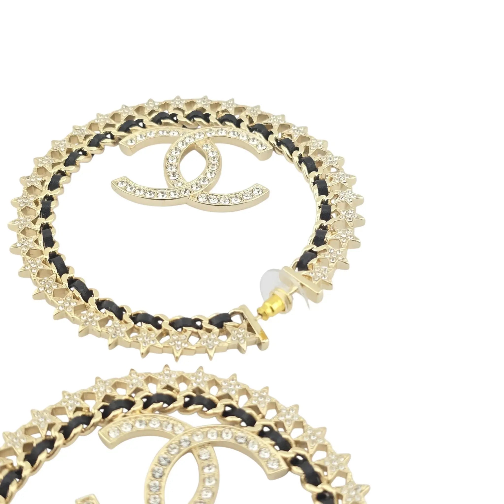 Chanel CC Large Hoop Earrings Crystal/Leather CHANEL