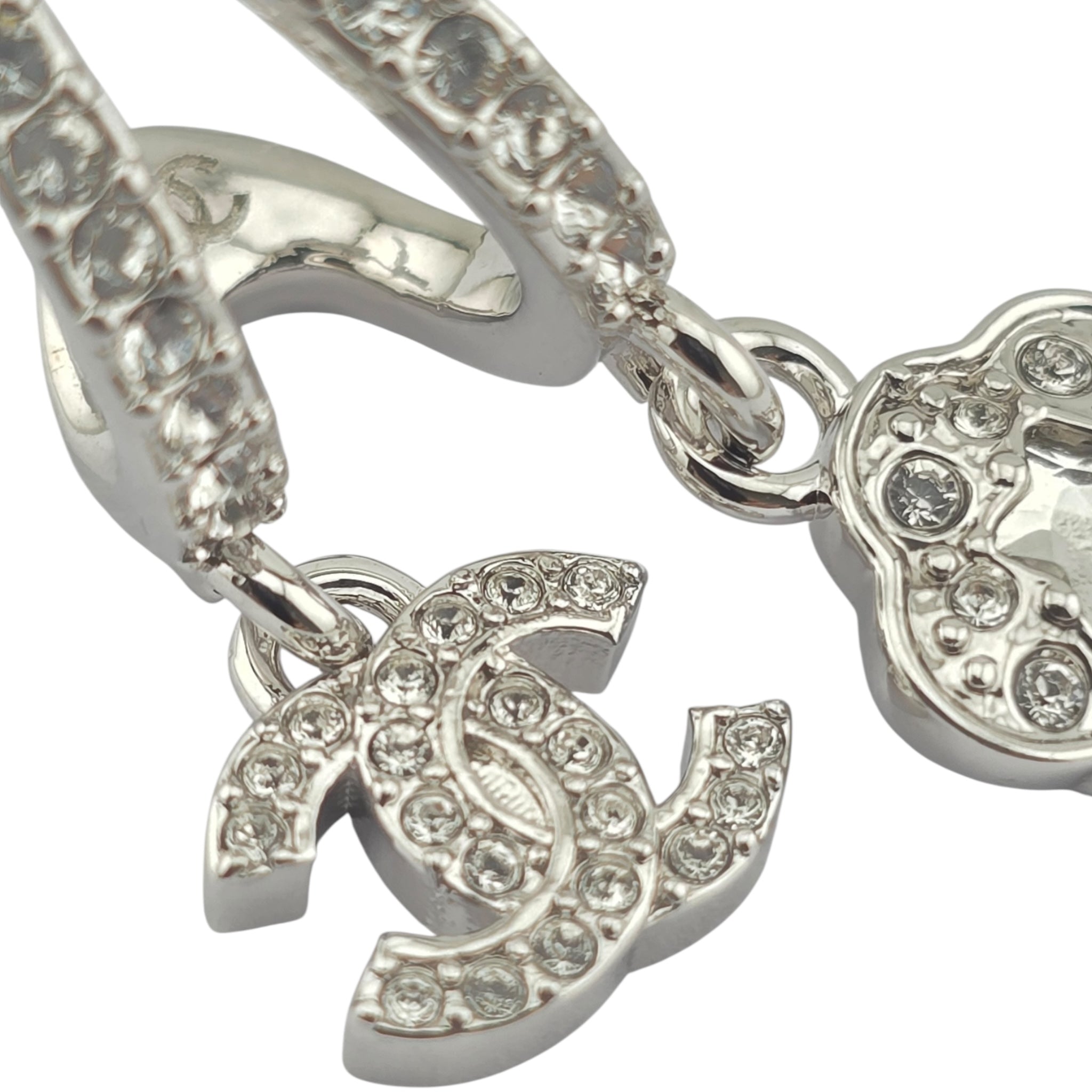 Chanel CC Silver Crystal Hoop Pendant Earrings 2025 CHANEL