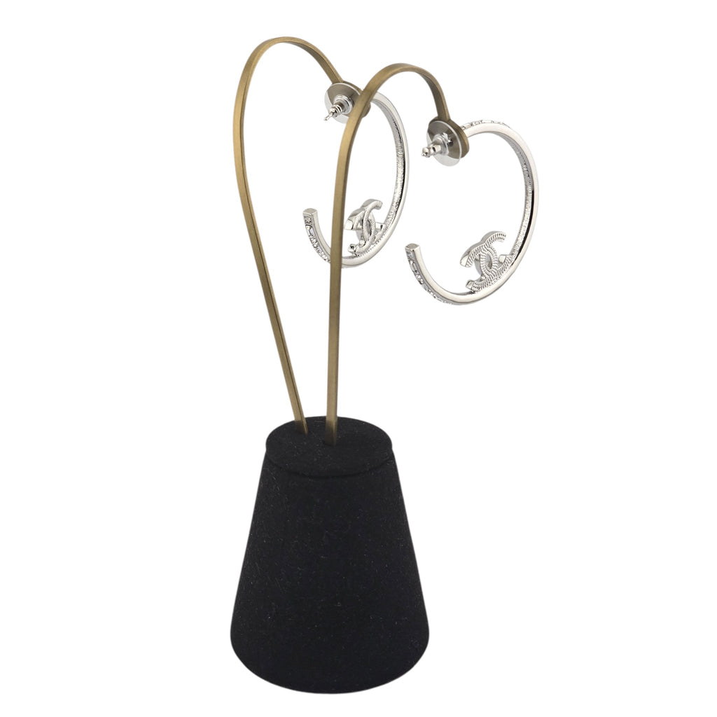 Chanel CC Metal Crystal Baguette Large Hoop Earrings Silver 2022 CHANEL